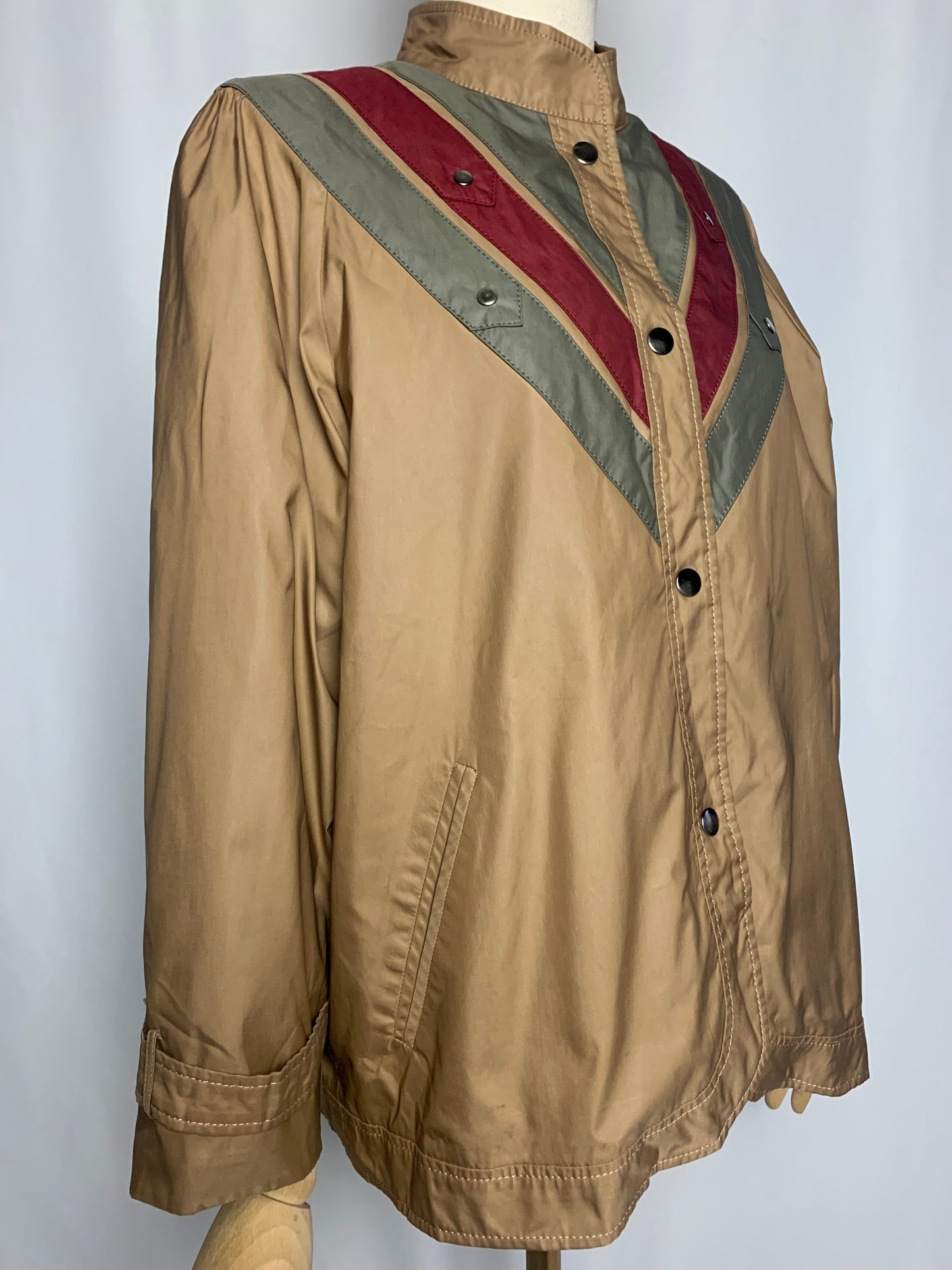 Blouson doublé femme col montant bronze bandes kaki et bordeaux vintage