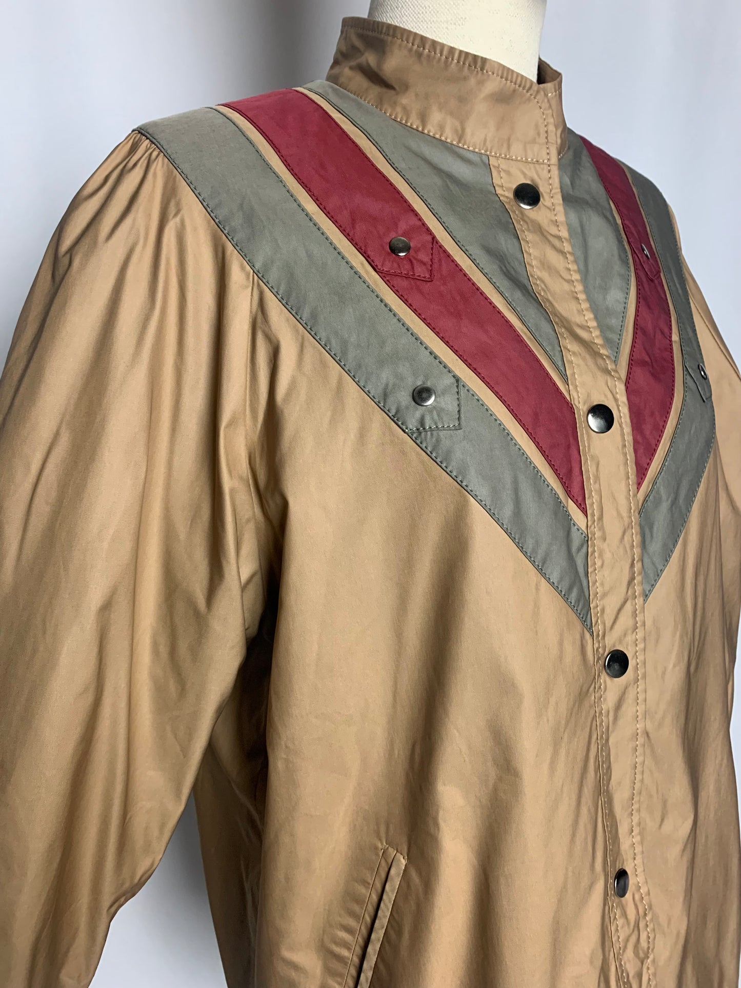 Blouson doublé femme col montant bronze bandes kaki et bordeaux vintage