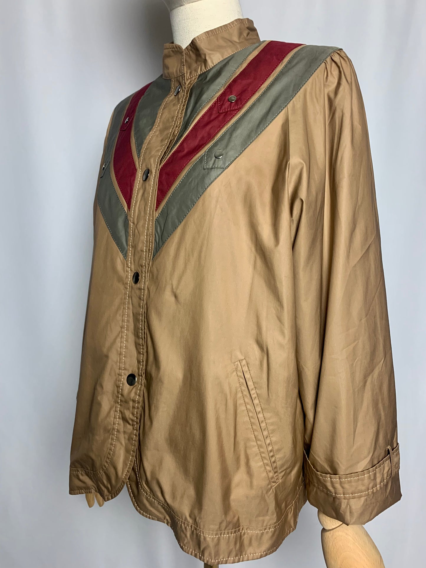Blouson doublé femme col montant bronze bandes kaki et bordeaux vintage
