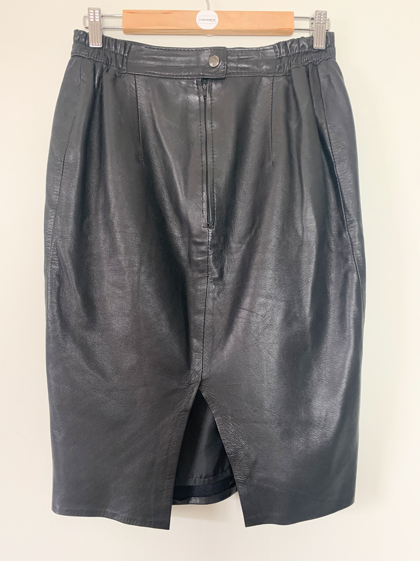 Jupe Droite 100% Cuir Noir Vintage - Taille Élastiquée Latérale - Style Années 90