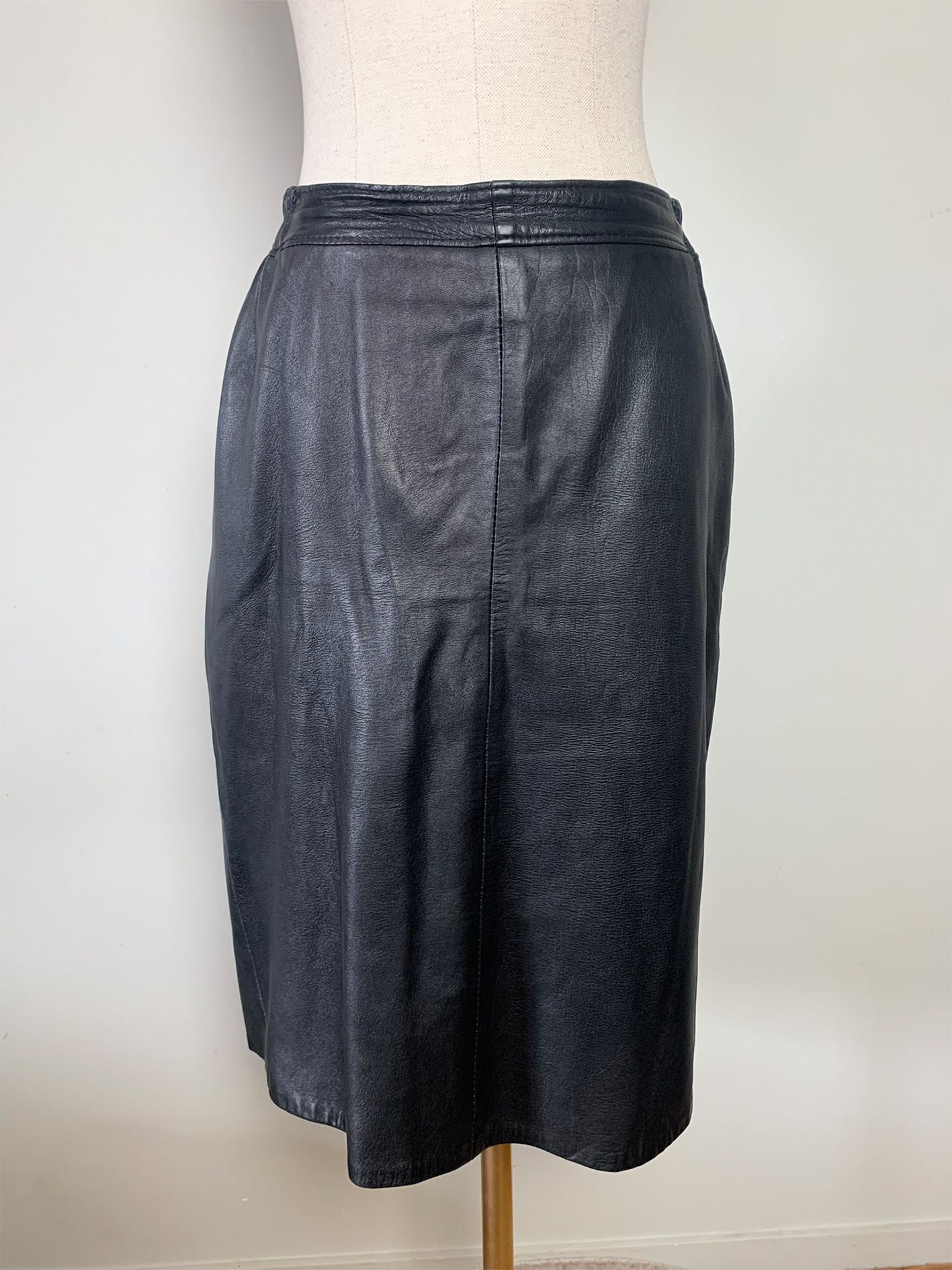 Jupe Droite 100% Cuir Noir Vintage - Taille Élastiquée Latérale - Style Années 90