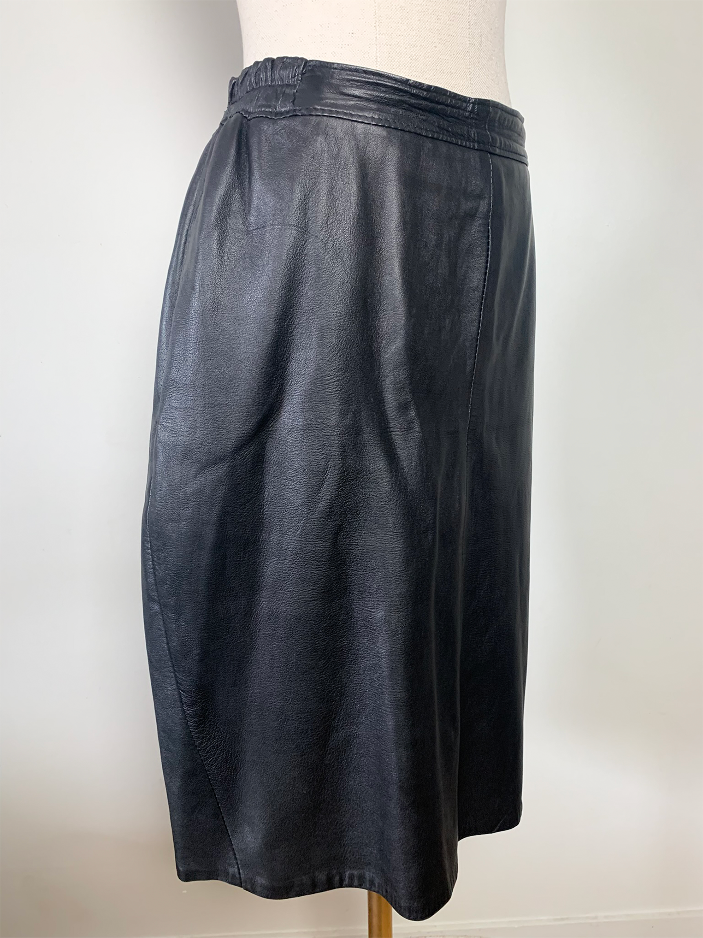 Jupe Droite 100% Cuir Noir Vintage - Taille Élastiquée Latérale - Style Années 90