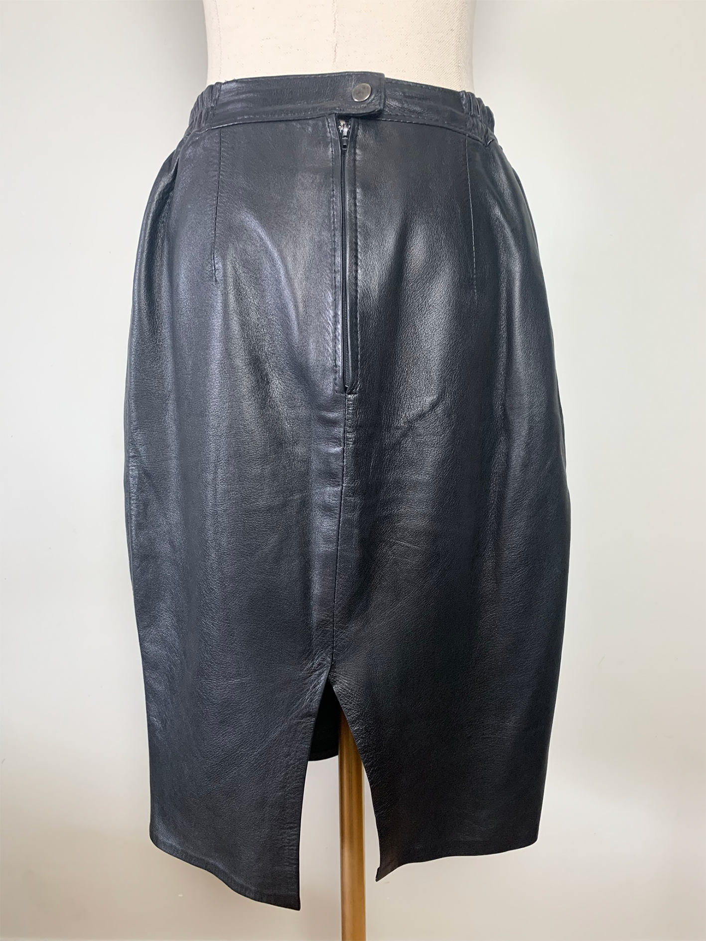 Jupe Droite 100% Cuir Noir Vintage - Taille Élastiquée Latérale - Style Années 90