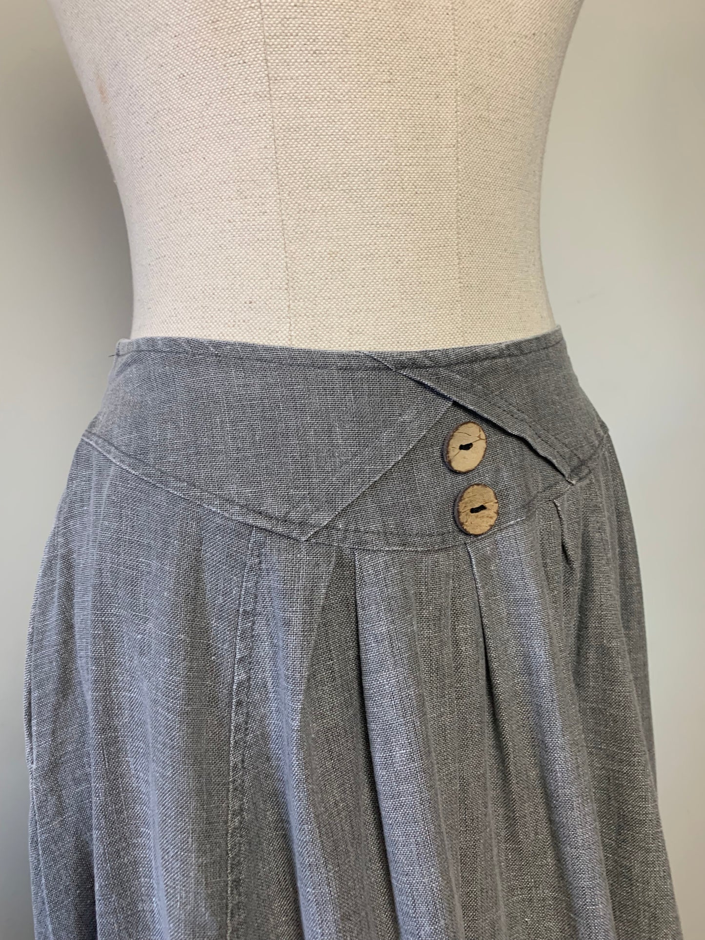 Jupe midi à plis gris en mélange lin vintage