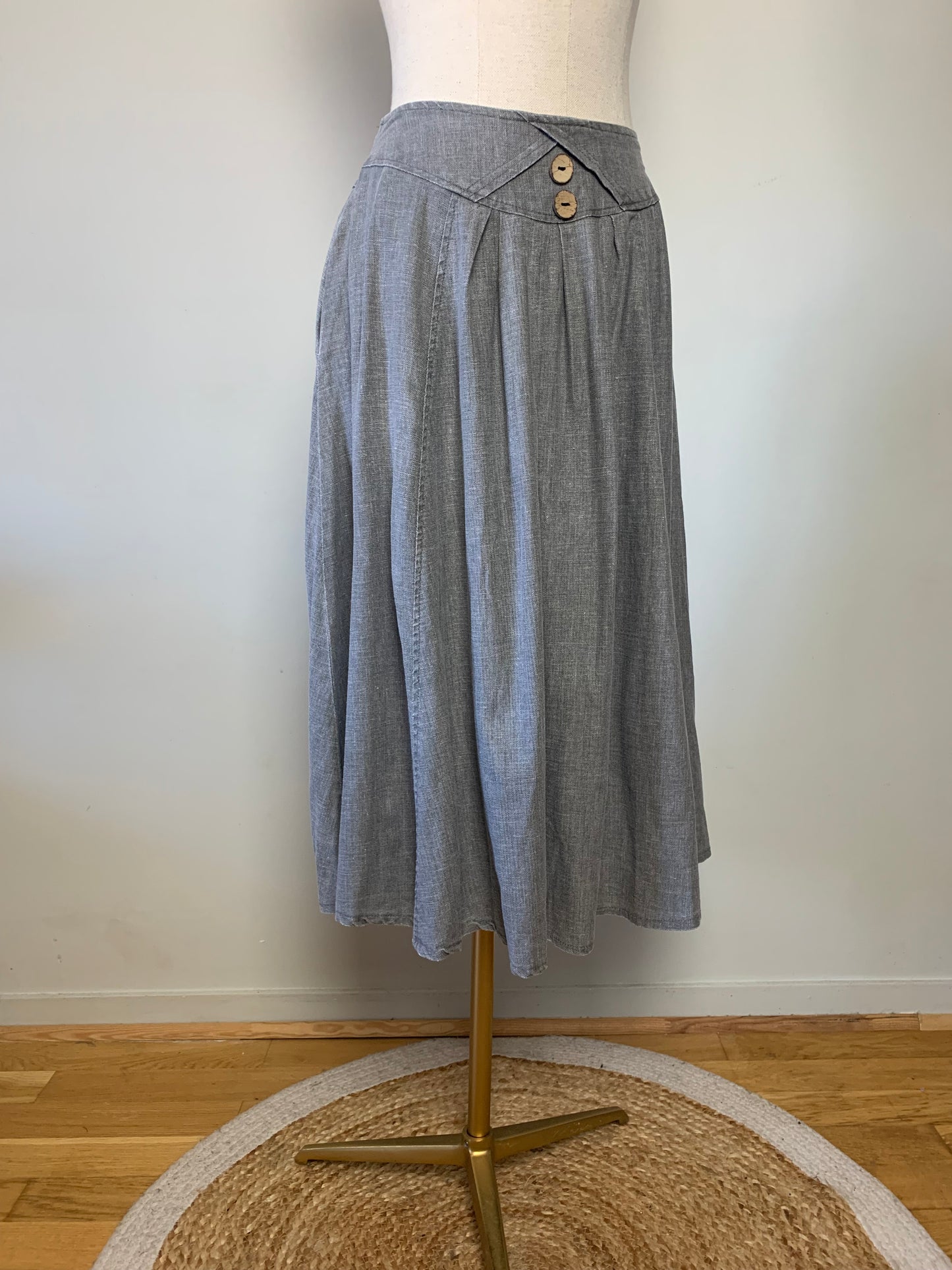 Jupe midi à plis gris en mélange lin vintage