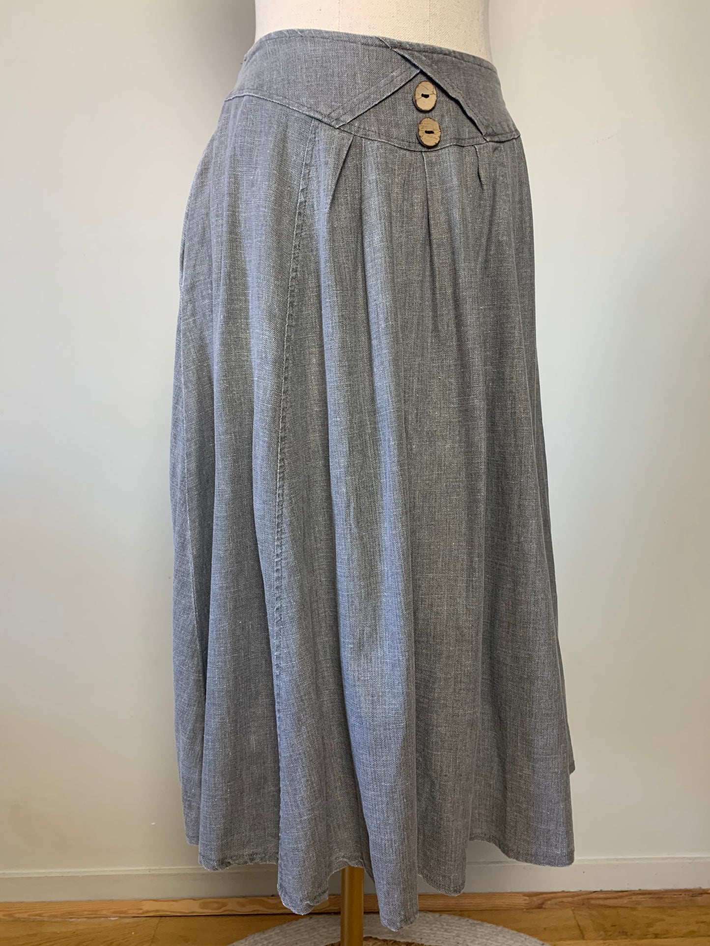 Jupe midi à plis gris en mélange lin vintage