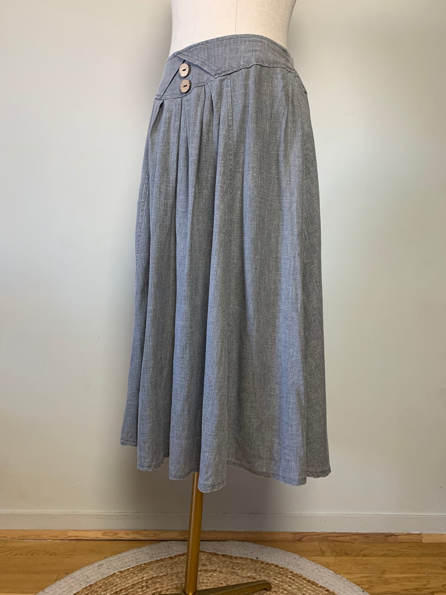 Jupe midi à plis gris en mélange lin vintage