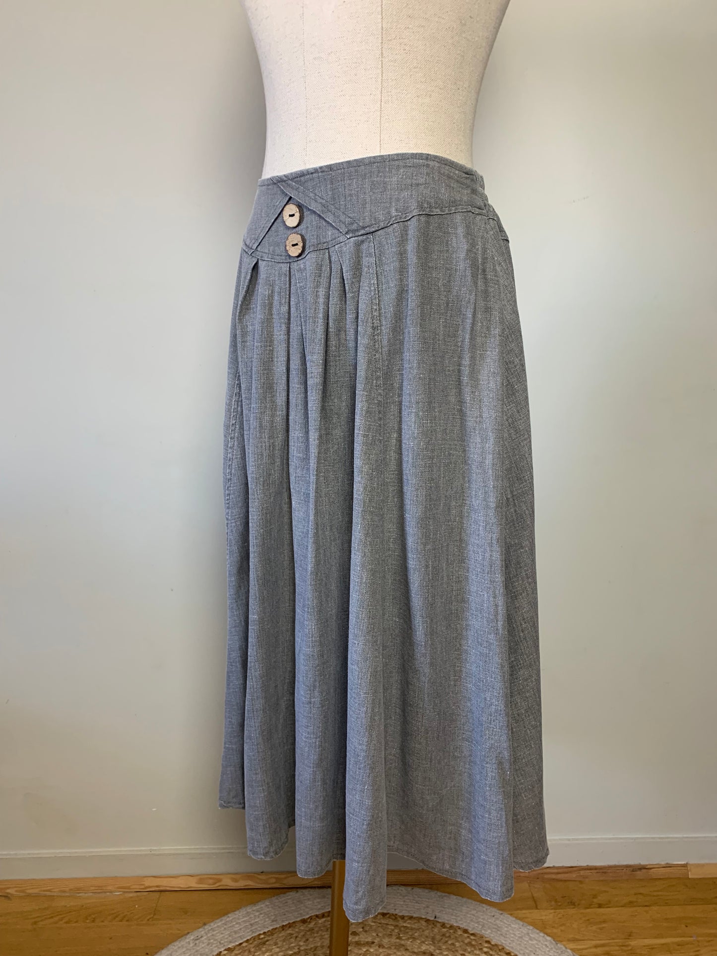 Jupe midi à plis gris en mélange lin vintage