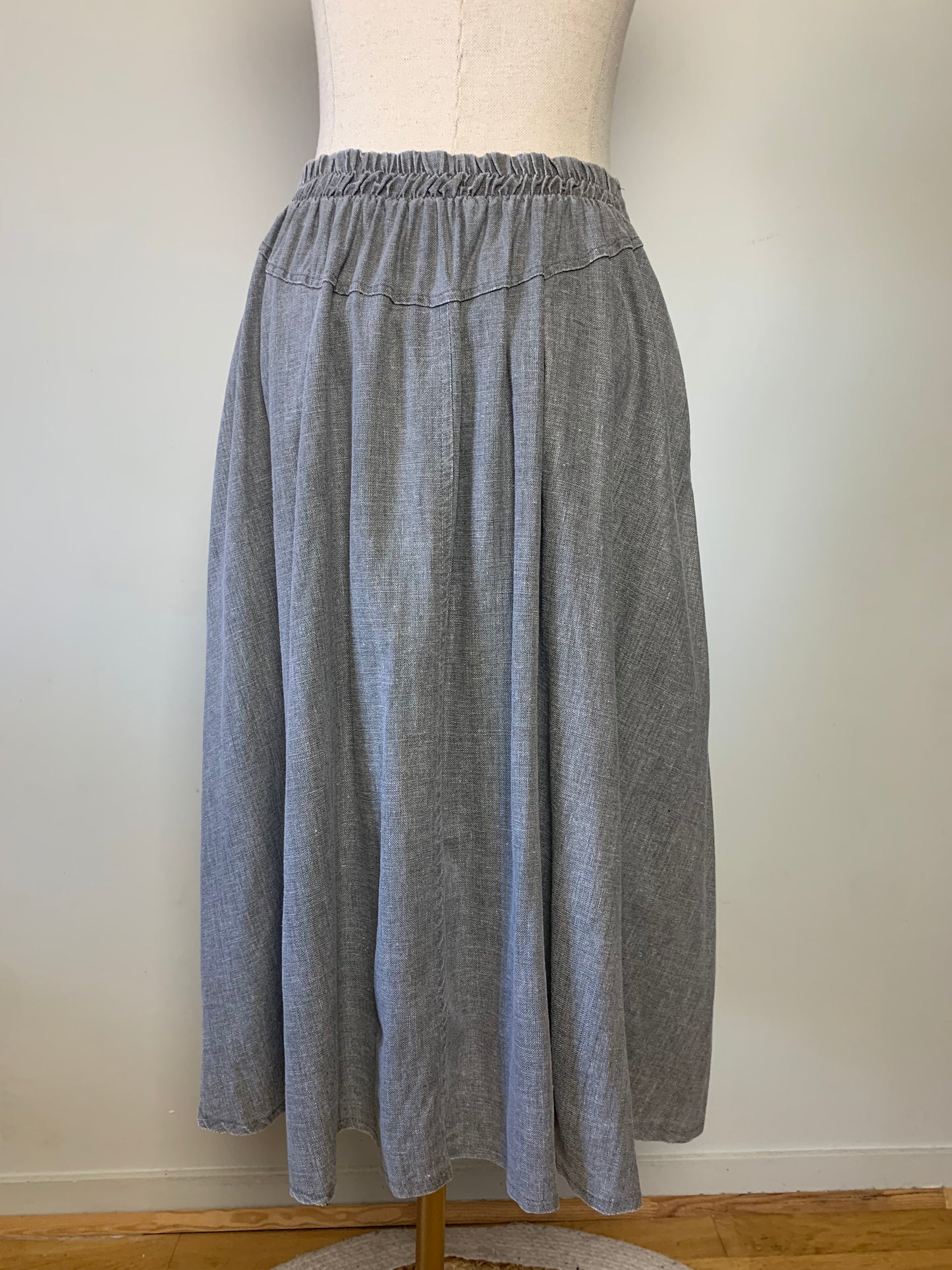 Jupe midi à plis gris en mélange lin vintage