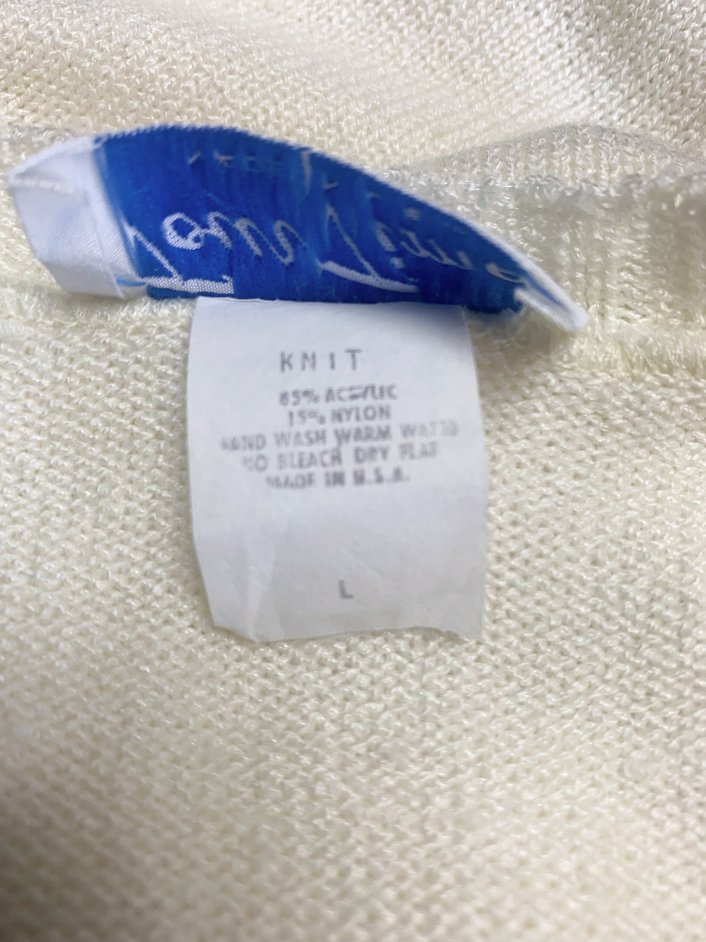 Pull Vintage Années 80 - Mailles Crème & Pois Marine - Épaulettes - "Made in USA" T. 38/40