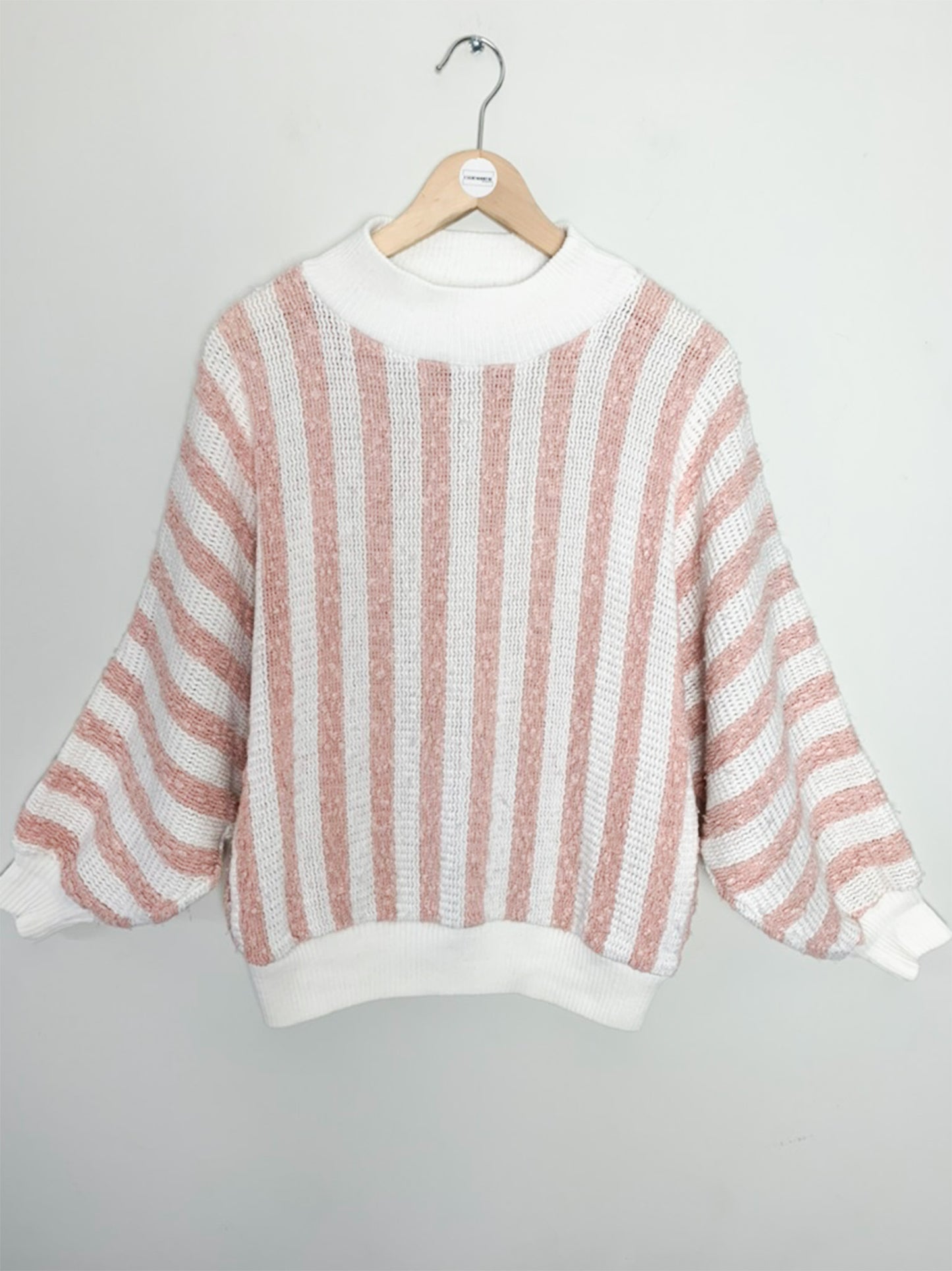 Pull Vintage C&A - Col Cheminée Rayé Rose & Blanc - T. 38/40