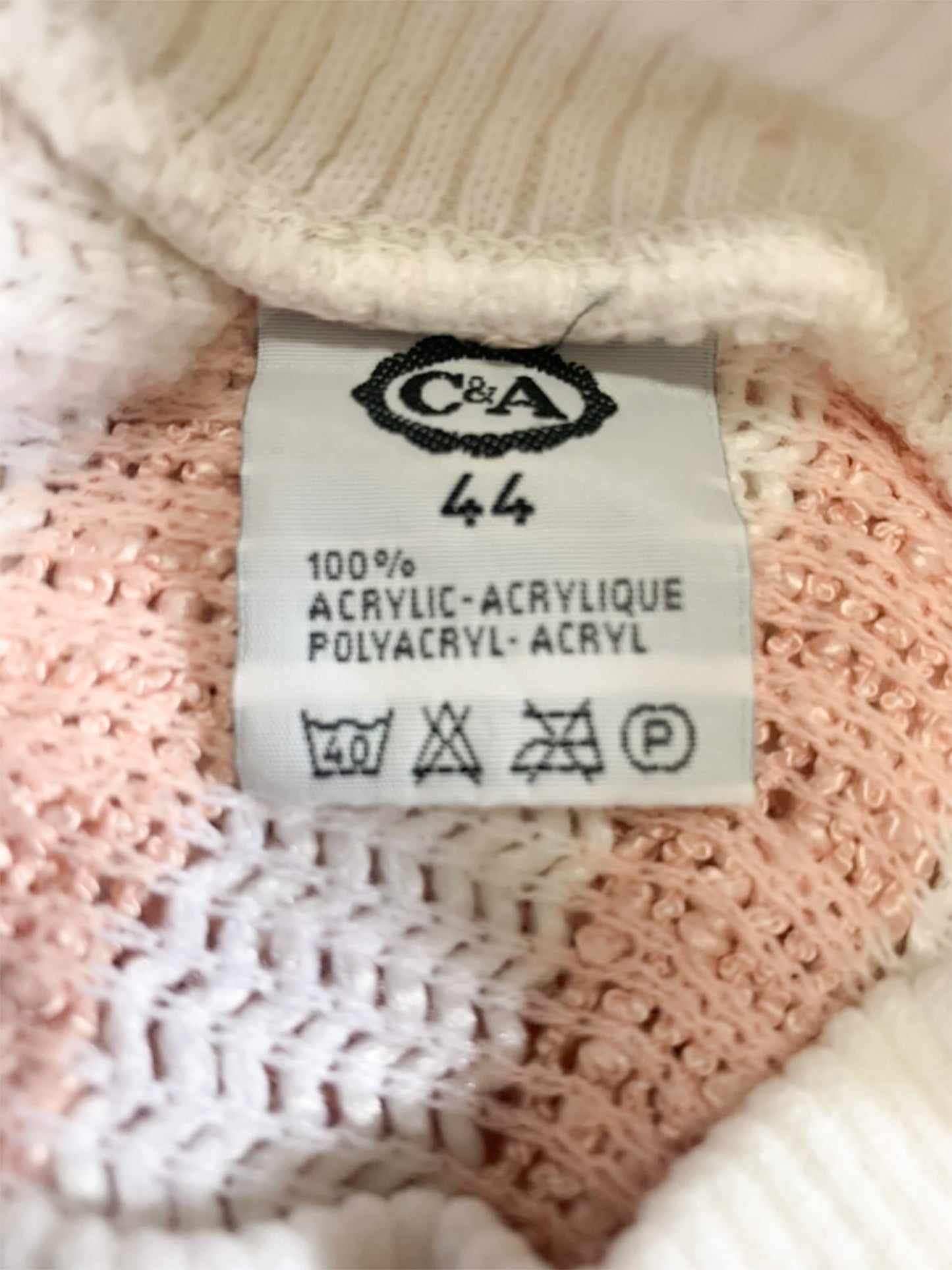 Pull Vintage C&A - Col Cheminée Rayé Rose & Blanc - T. 38/40
