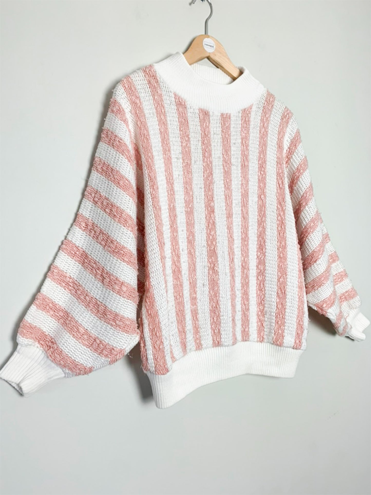 Pull Vintage C&A - Col Cheminée Rayé Rose & Blanc - T. 38/40