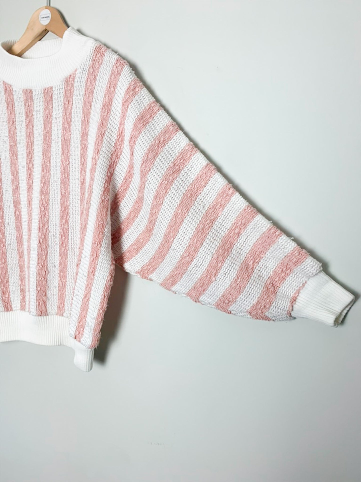 Pull Vintage C&A - Col Cheminée Rayé Rose & Blanc - T. 38/40