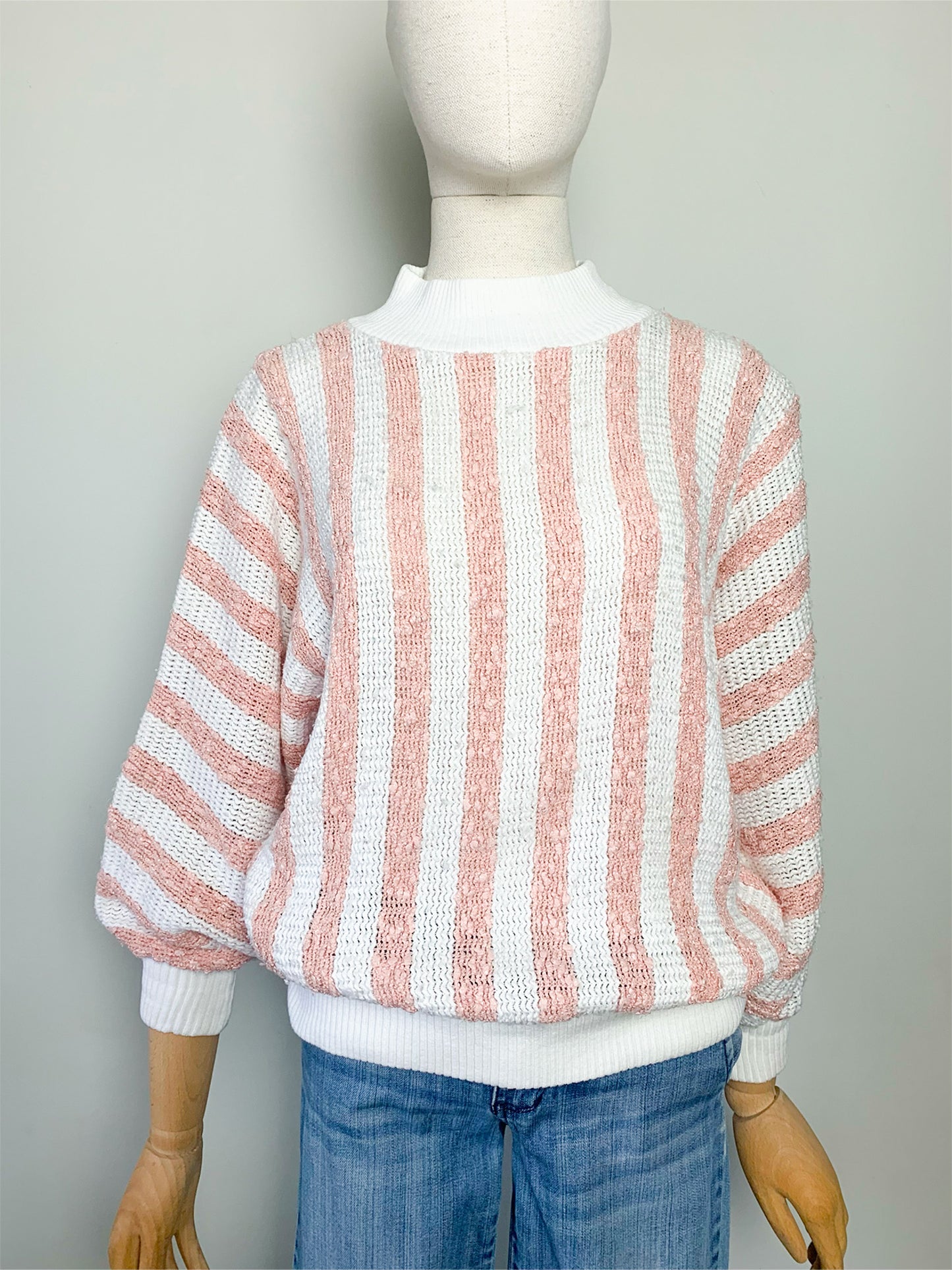 Pull Vintage C&A - Col Cheminée Rayé Rose & Blanc - T. 38/40