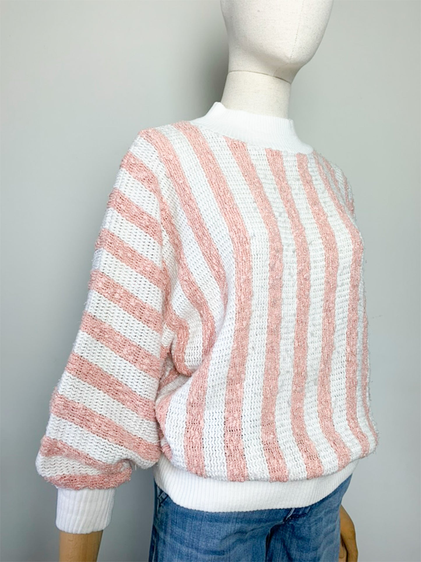 Pull Vintage C&A - Col Cheminée Rayé Rose & Blanc - T. 38/40