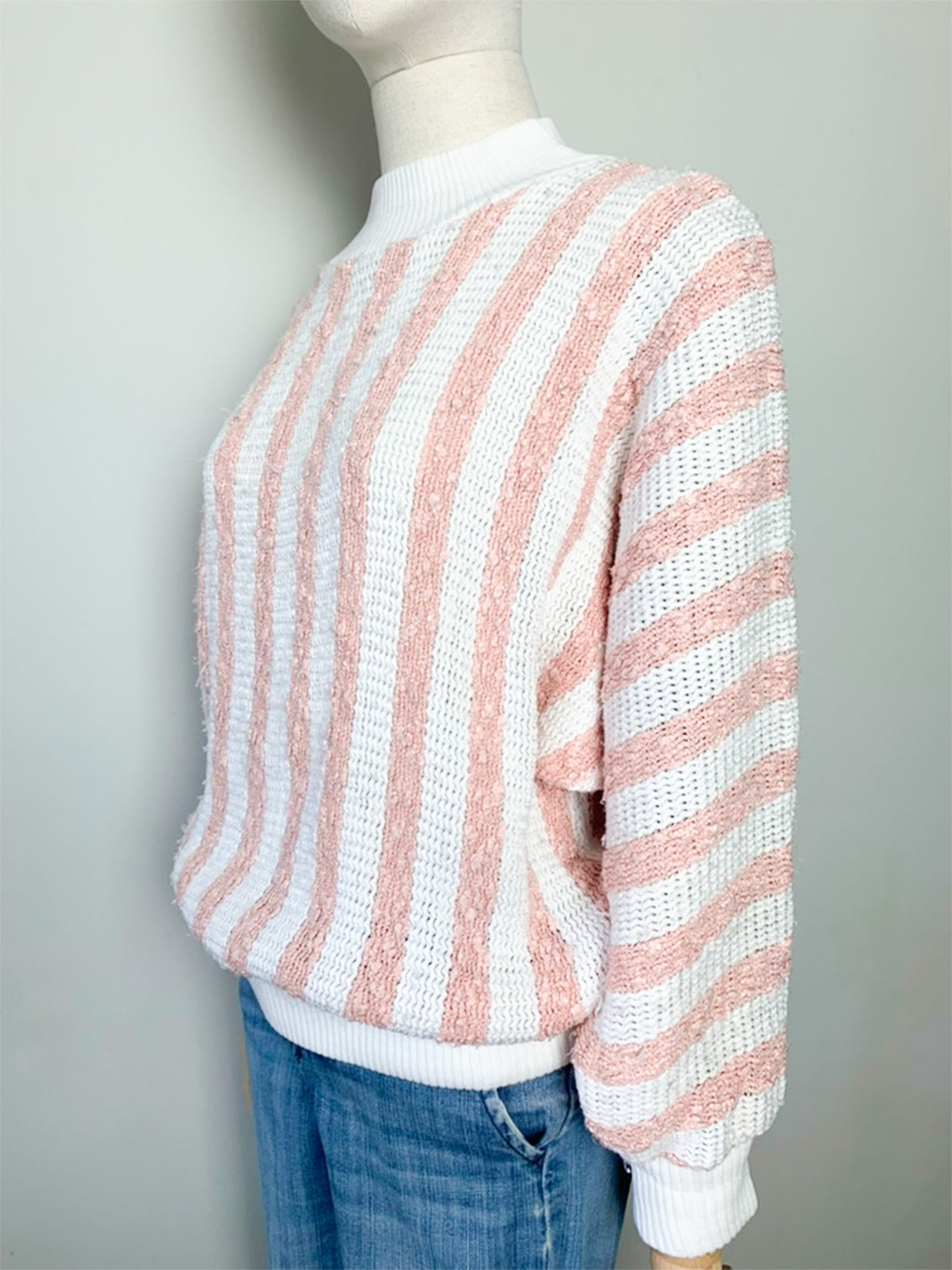 Pull Vintage C&A - Col Cheminée Rayé Rose & Blanc - T. 38/40