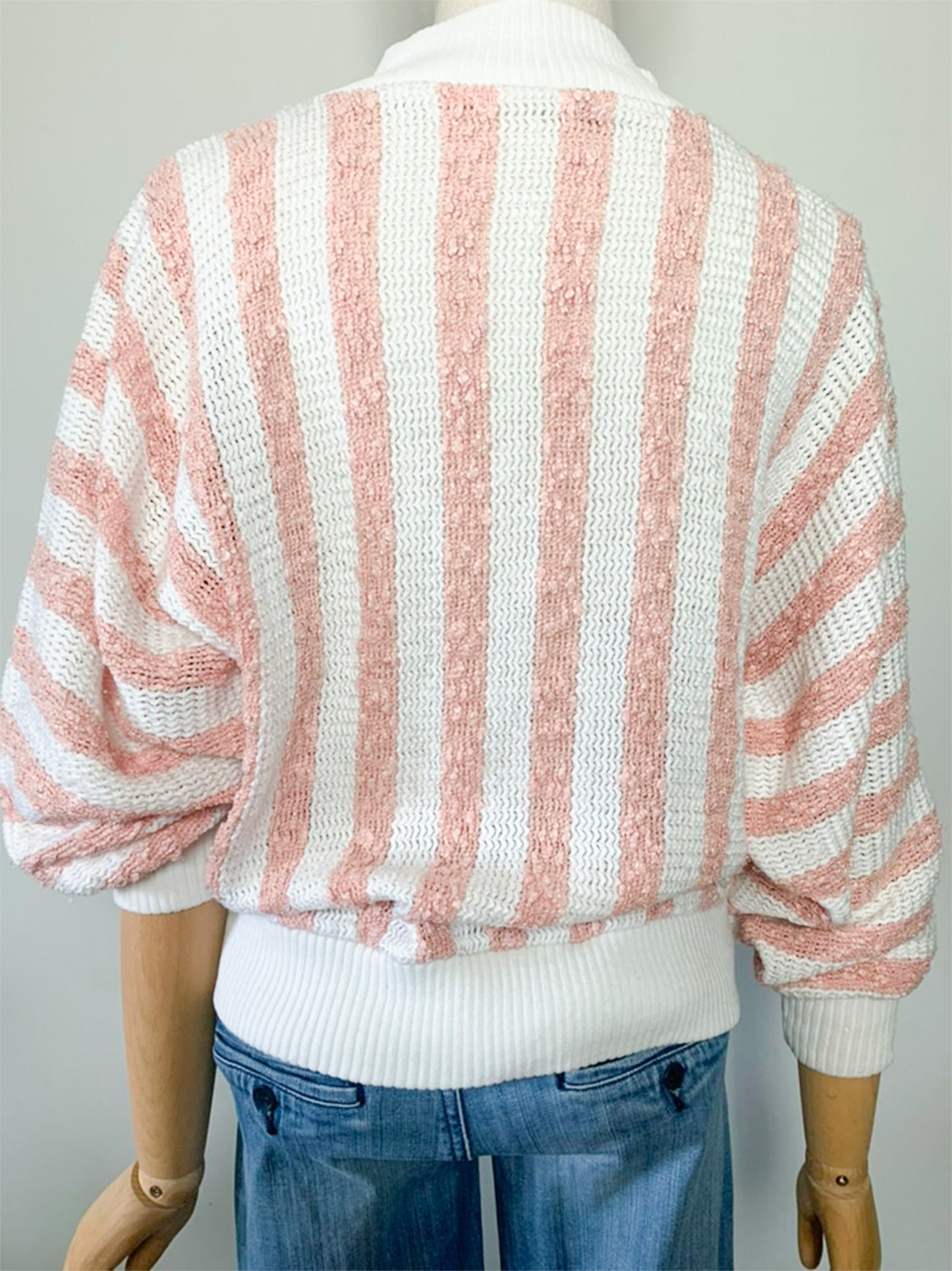 Pull Vintage C&A - Col Cheminée Rayé Rose & Blanc - T. 38/40