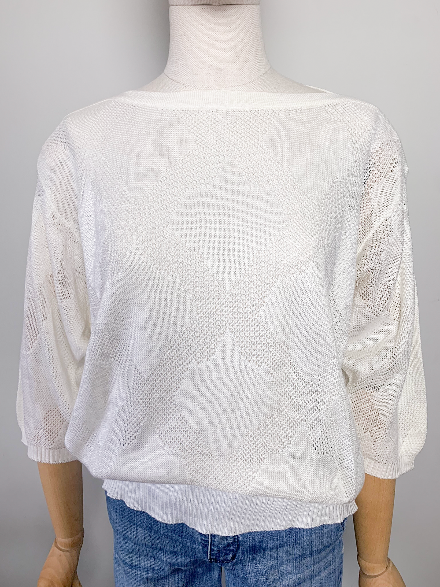 Pull fin en maille ajouré blanc vintage Damart