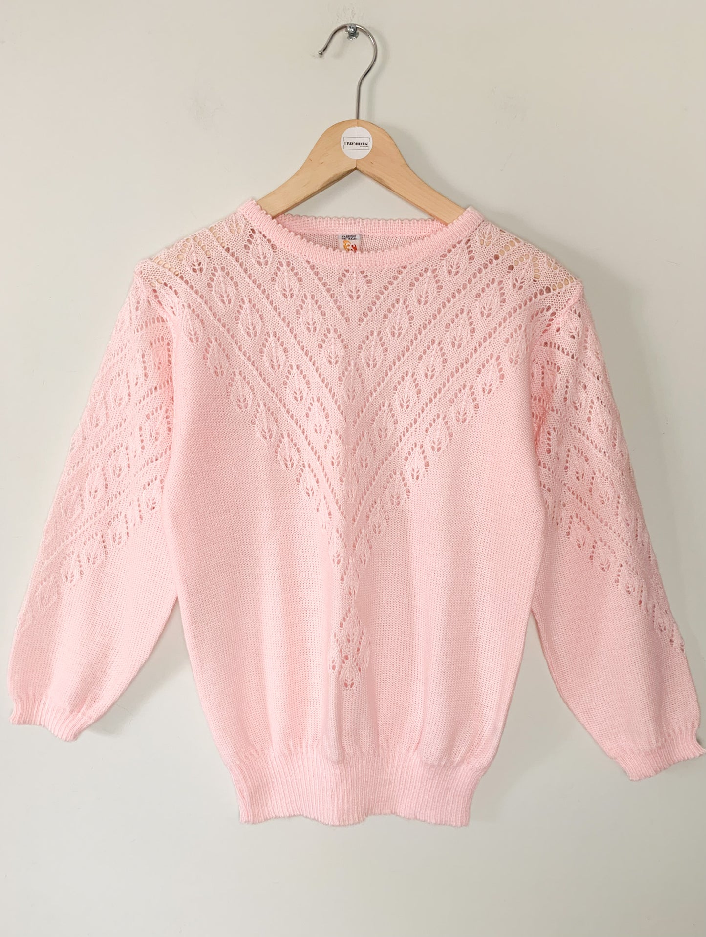 Pull Vintage Années 80 - Maille Ajourée Rose Dragée - T. 36