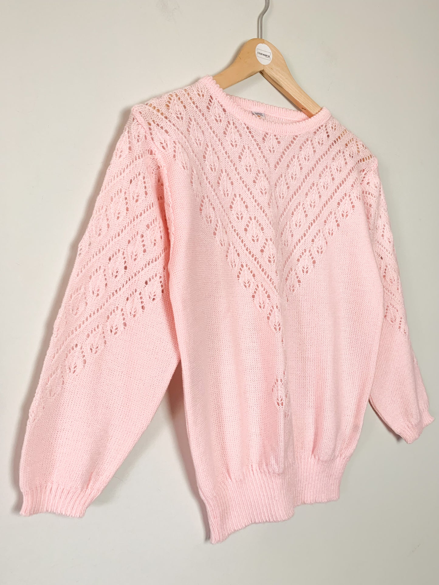 Pull Vintage Années 80 - Maille Ajourée Rose Dragée - T. 36