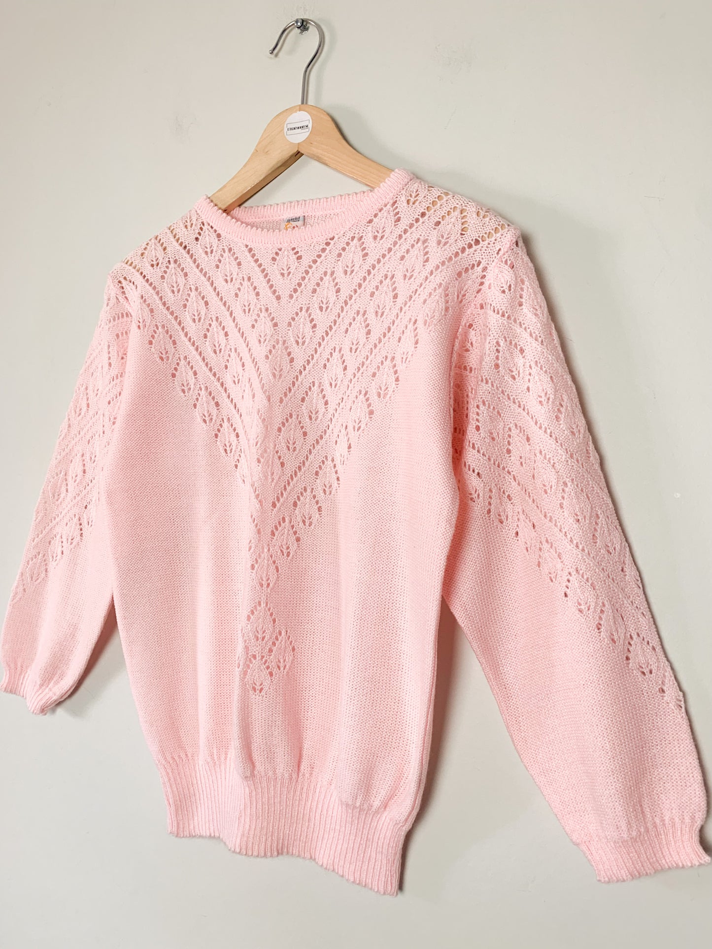 Pull Vintage Années 80 - Maille Ajourée Rose Dragée - T. 36