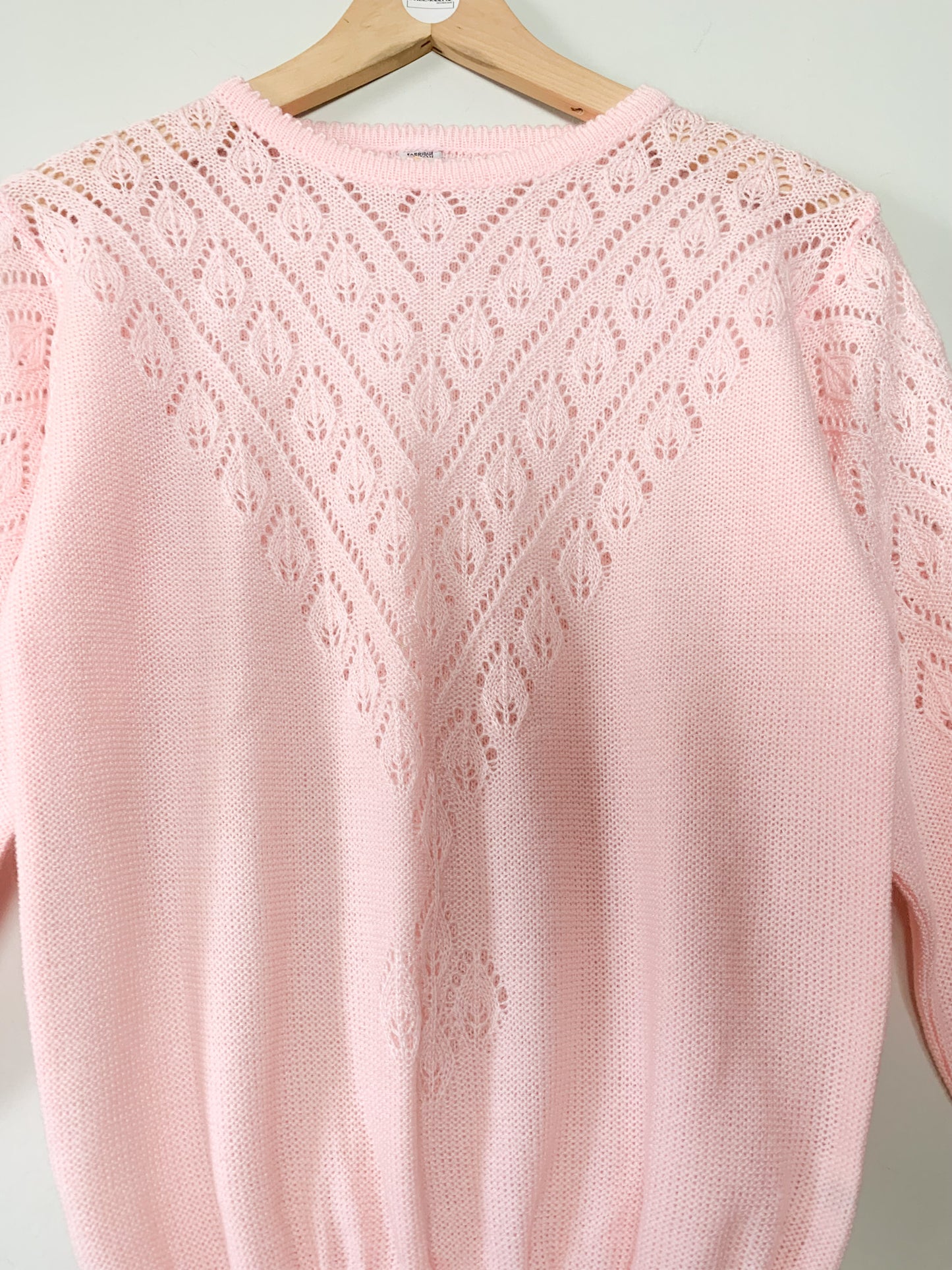 Pull Vintage Années 80 - Maille Ajourée Rose Dragée - T. 36