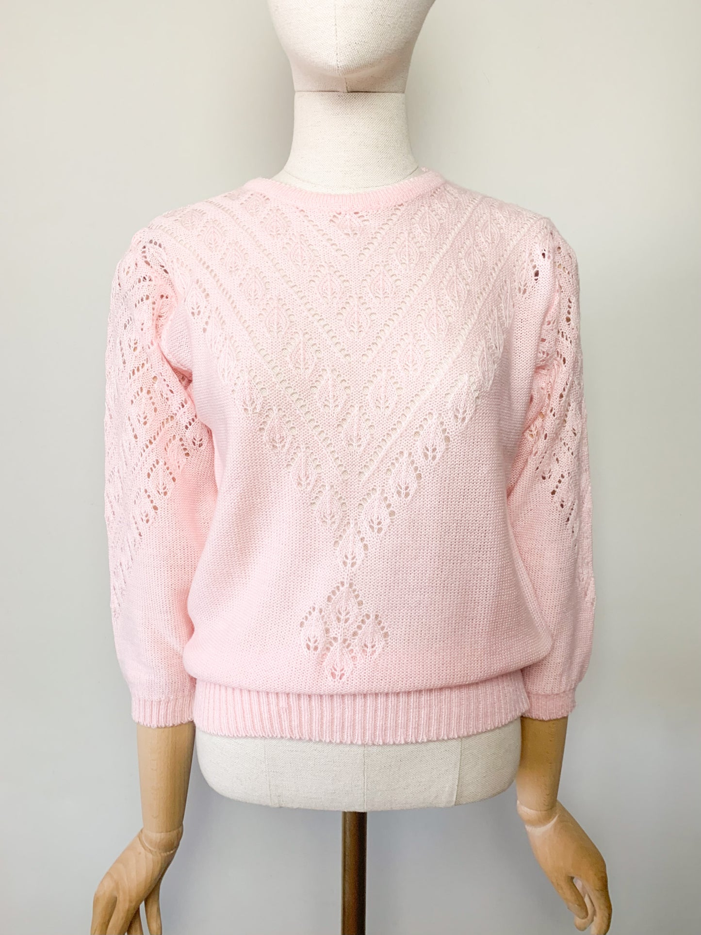 Pull Vintage Années 80 - Maille Ajourée Rose Dragée - T. 36