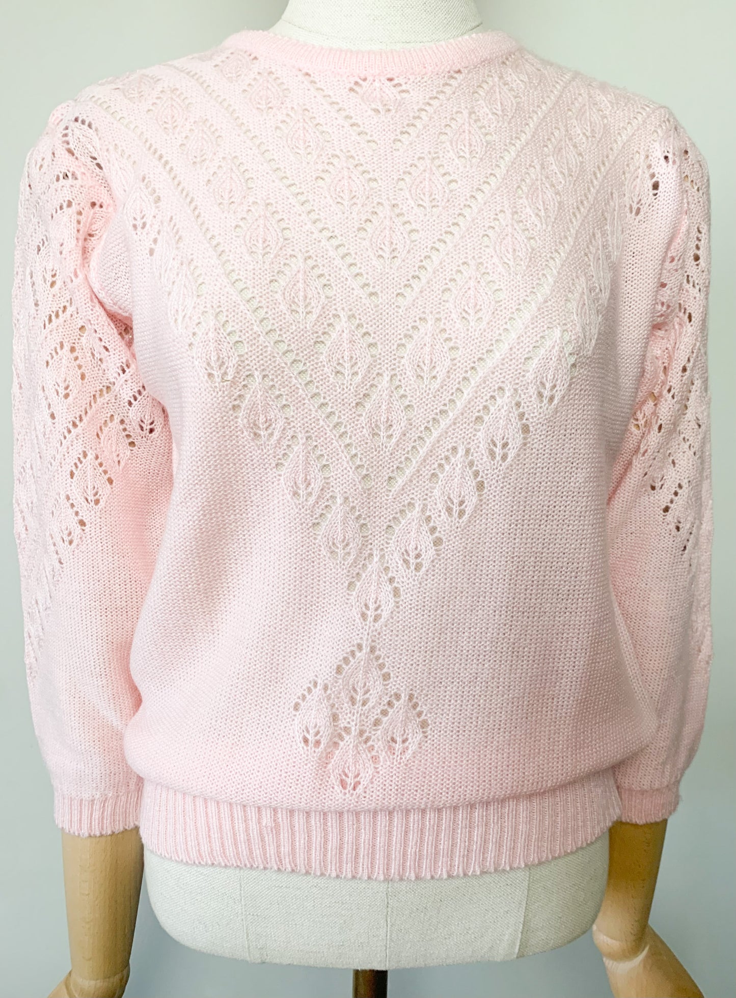 Pull Vintage Années 80 - Maille Ajourée Rose Dragée - T. 36