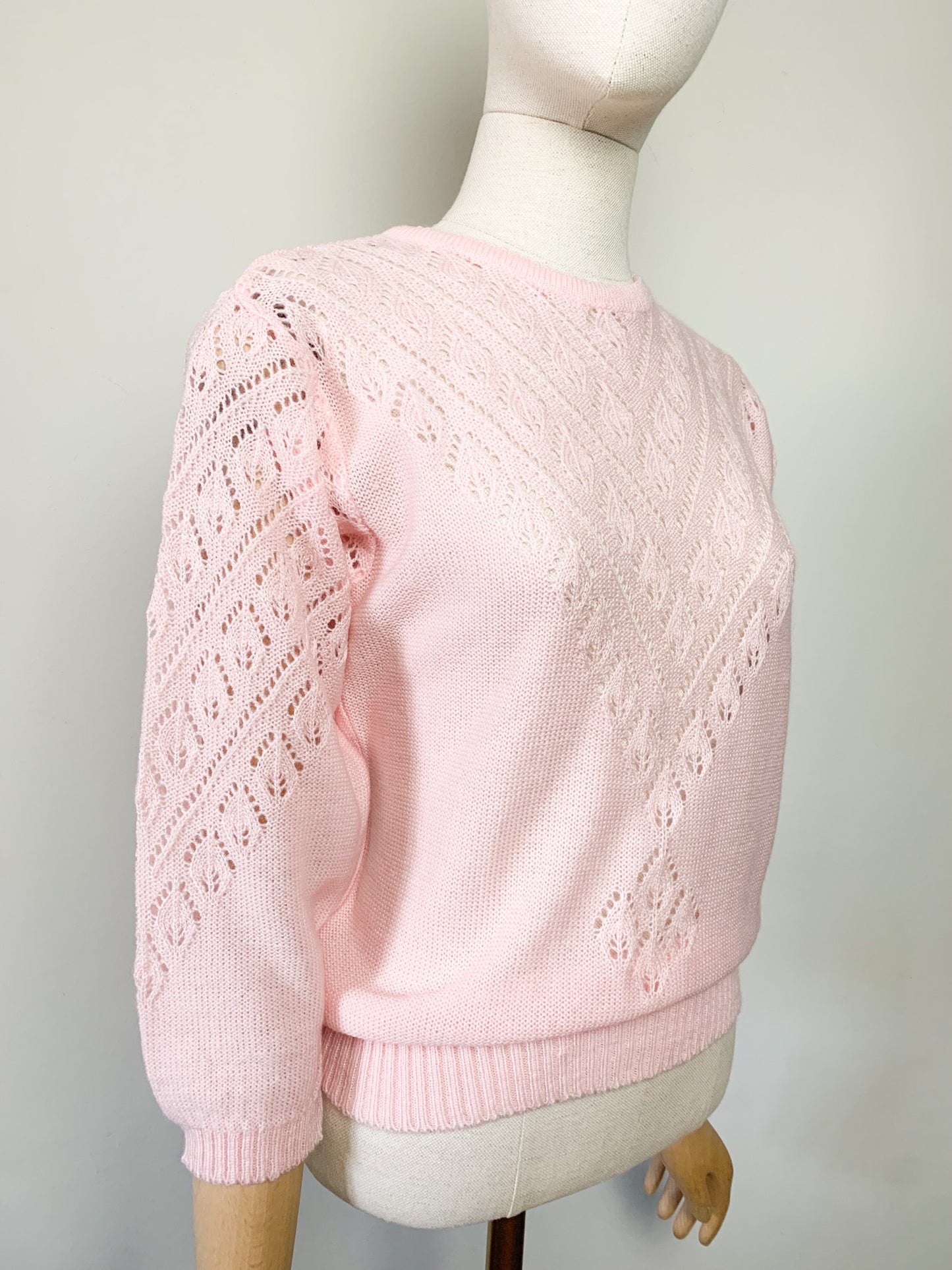 Pull Vintage Années 80 - Maille Ajourée Rose Dragée - T. 36
