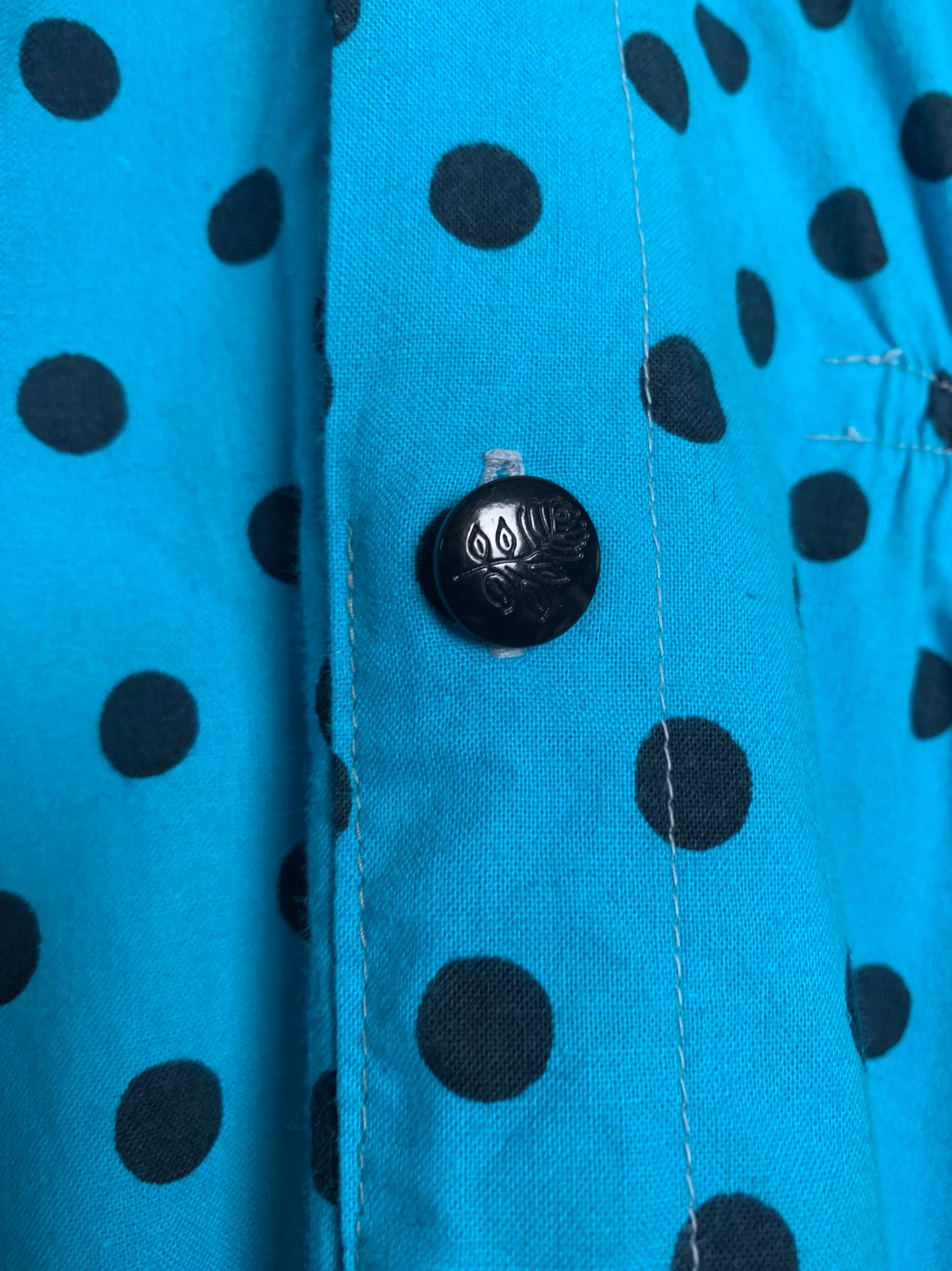 Robe Vintage Années 80 90 Coupe Crayon Turquoise à Pois Noir - 100% Coton - Boutons au Dos T40 (L)