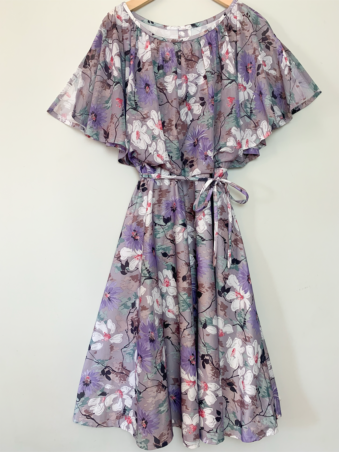 Robe fluide grise motifs fleurs vintage