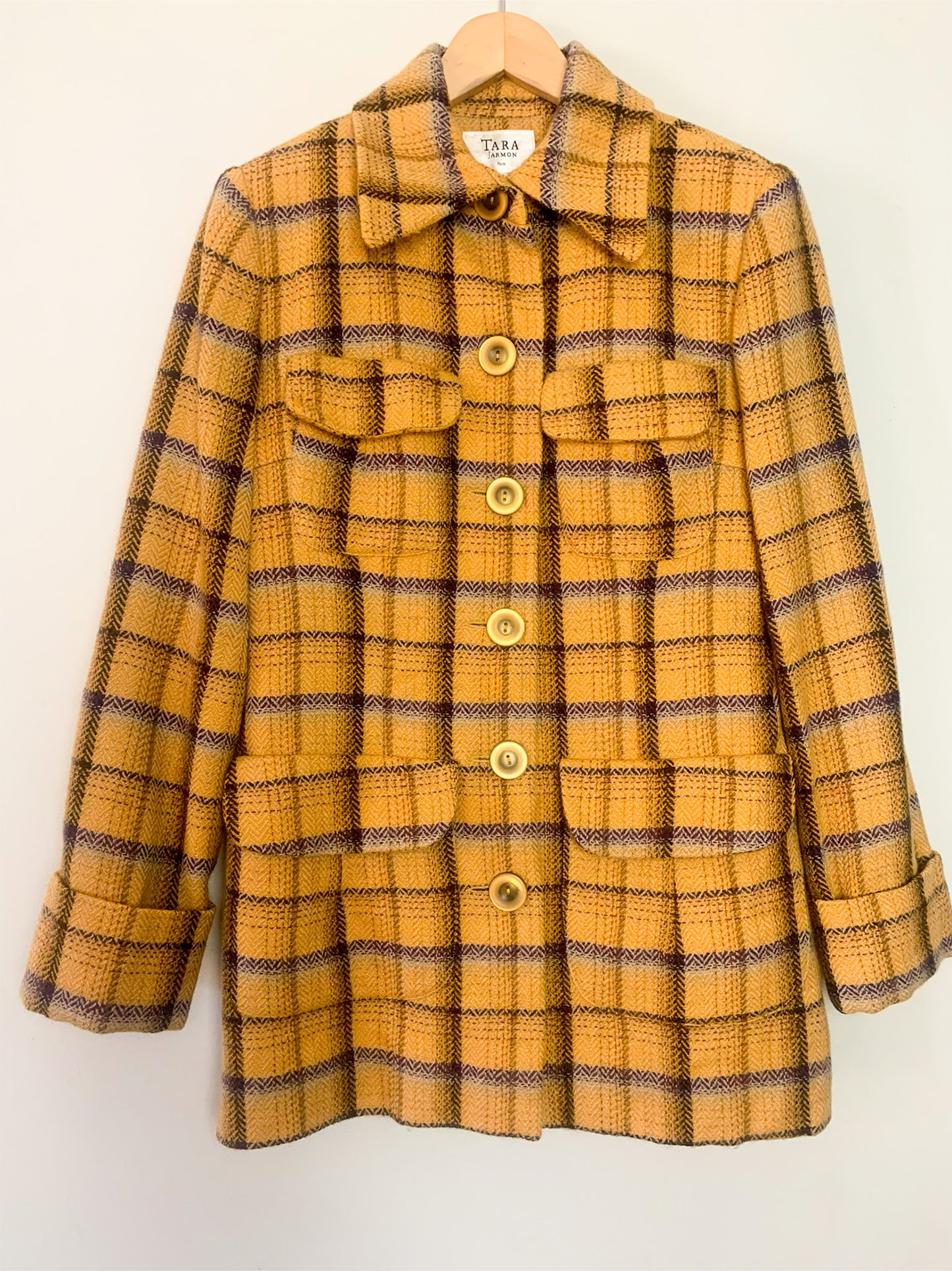 Veste-Manteau Tara Jarmon Alpine Vintage - 100% Laine Carreaux Moutarde & Violet - Fabriqué en France - T. 38