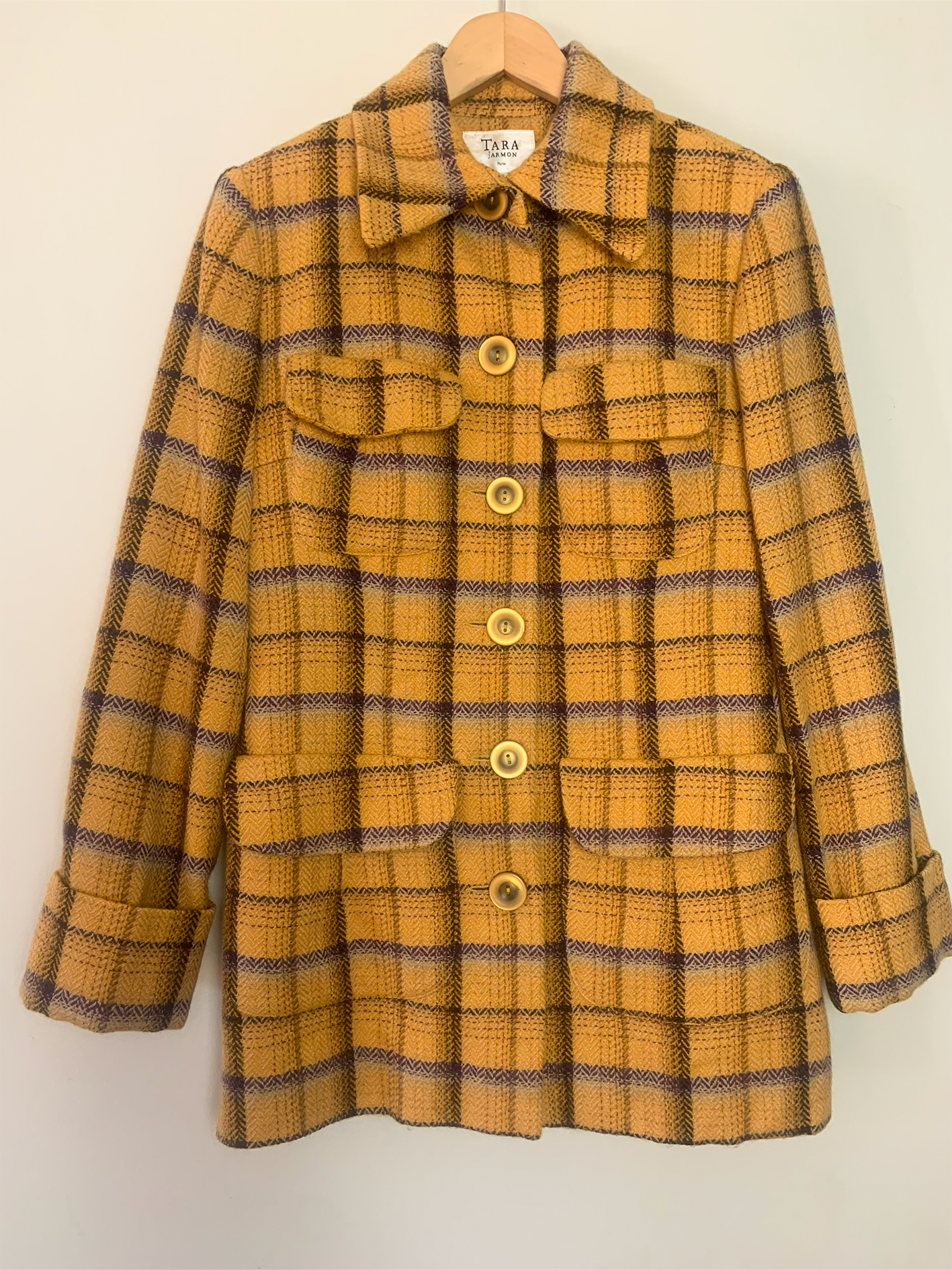 Manteau moutarde gros carreaux violet beige 100% laine Tara Jarmon