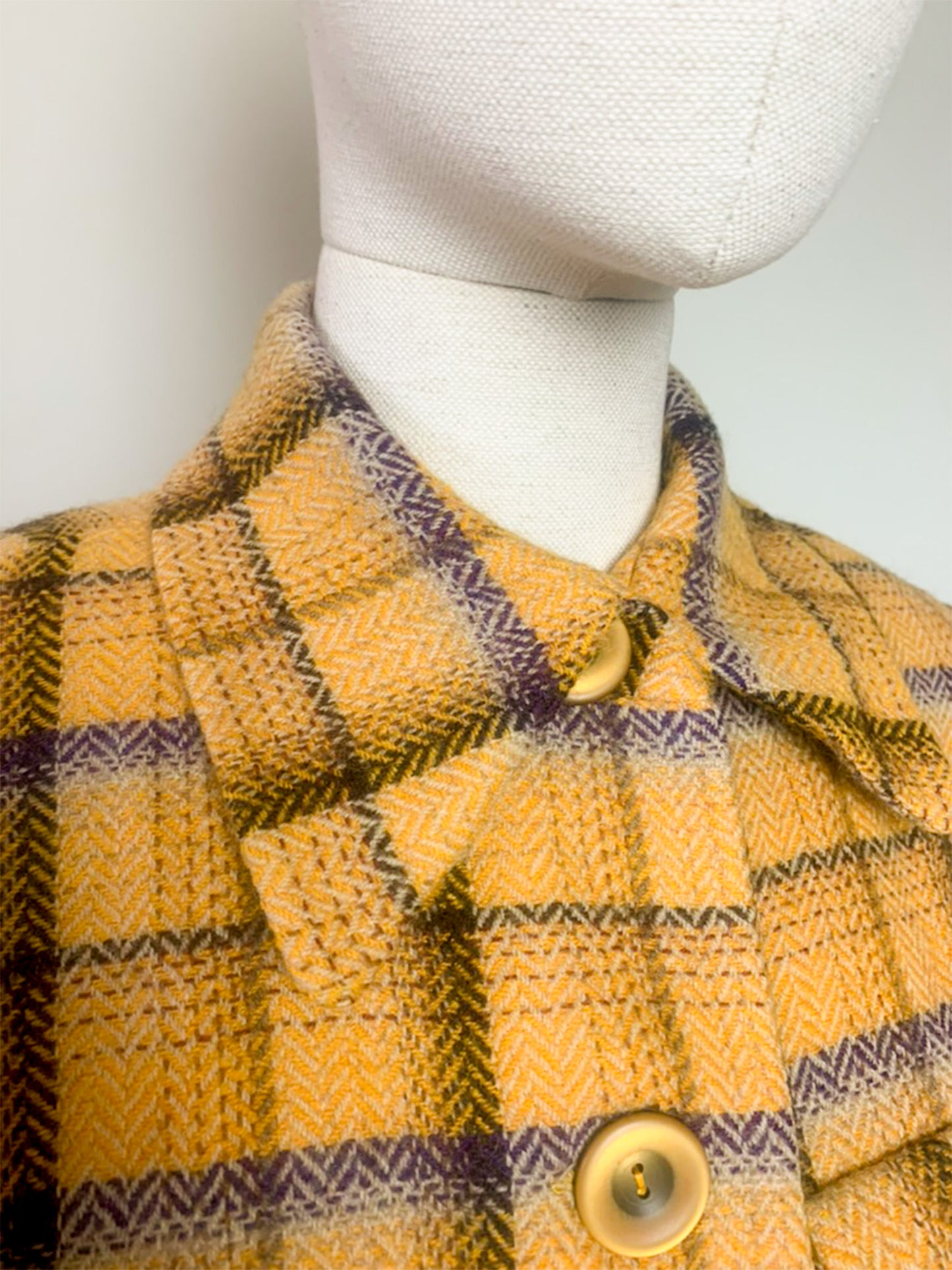 Veste-Manteau Tara Jarmon Alpine Vintage - 100% Laine Carreaux Moutarde & Violet - Fabriqué en France - T. 38