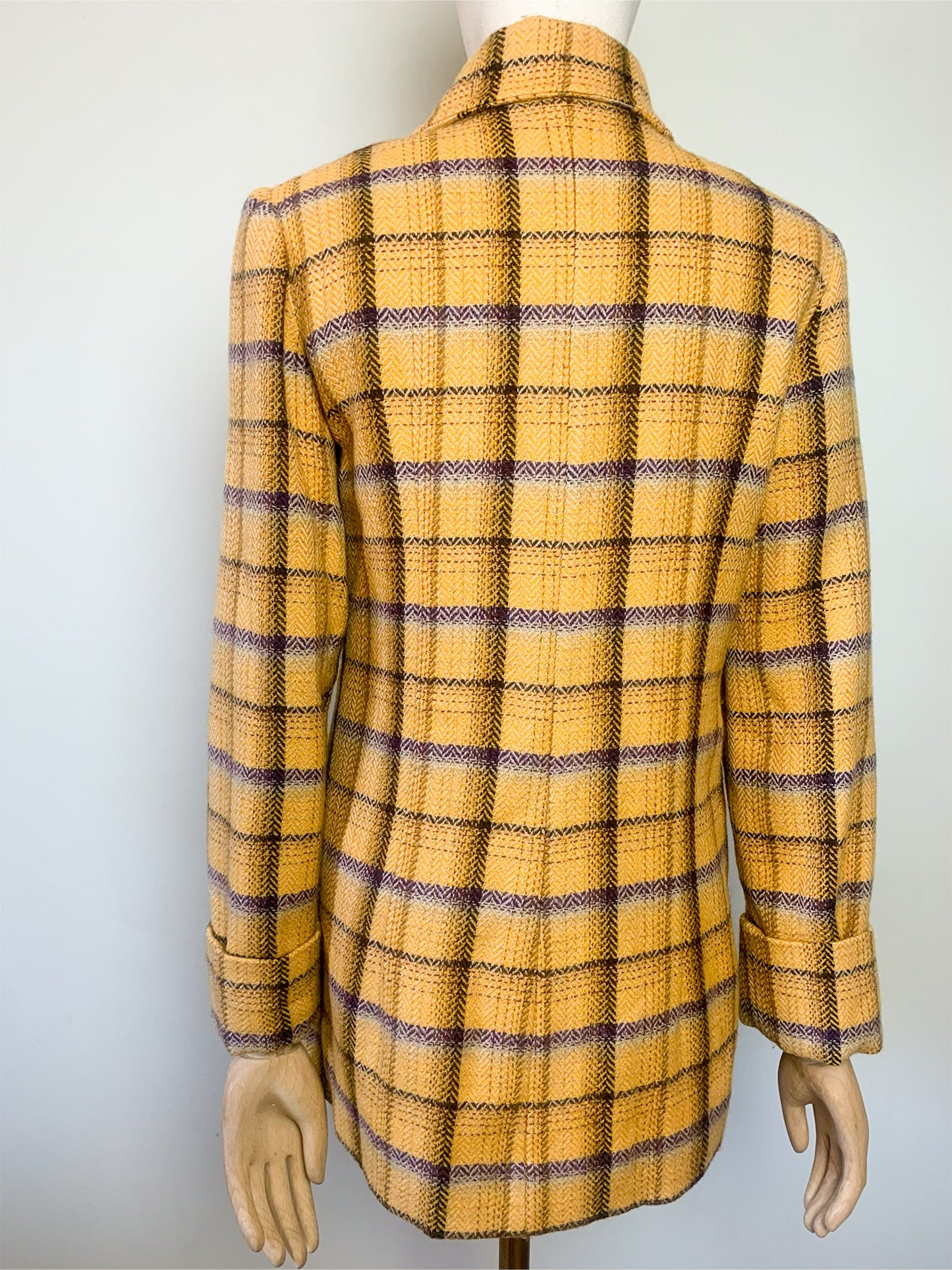 Veste-Manteau Tara Jarmon Alpine Vintage - 100% Laine Carreaux Moutarde & Violet - Fabriqué en France - T. 38