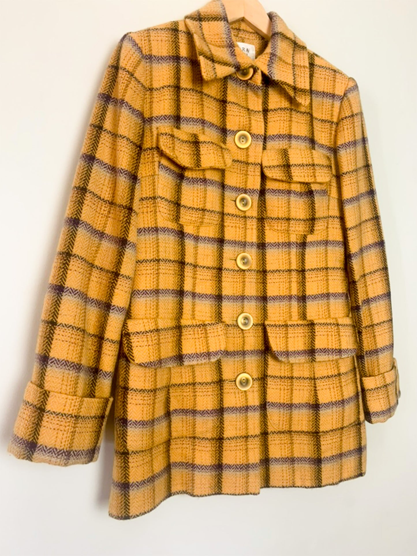 Veste-Manteau Tara Jarmon Alpine Vintage - 100% Laine Carreaux Moutarde & Violet - Fabriqué en France - T. 38