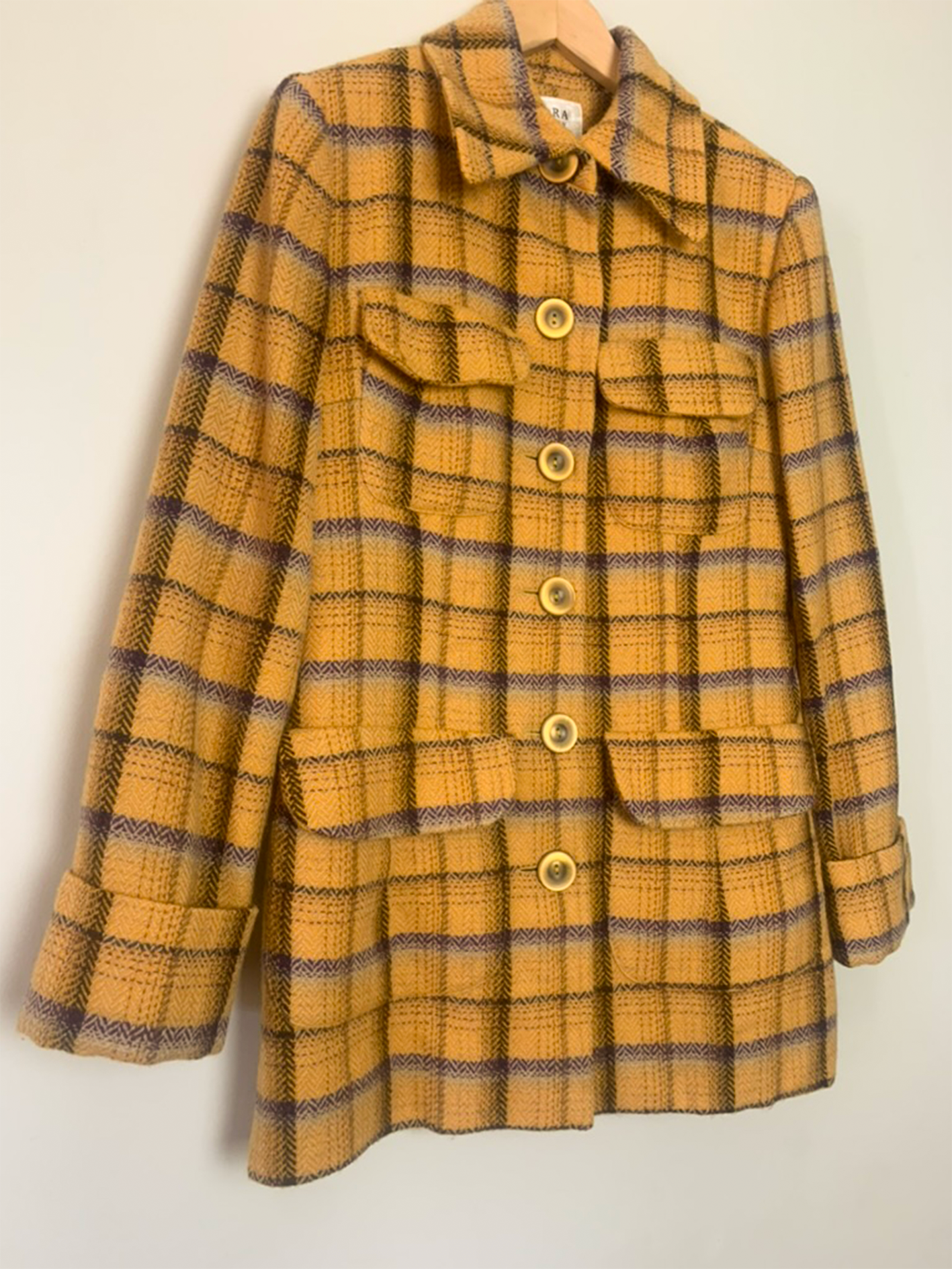 Manteau moutarde gros carreaux violet beige 100% laine Tara Jarmon