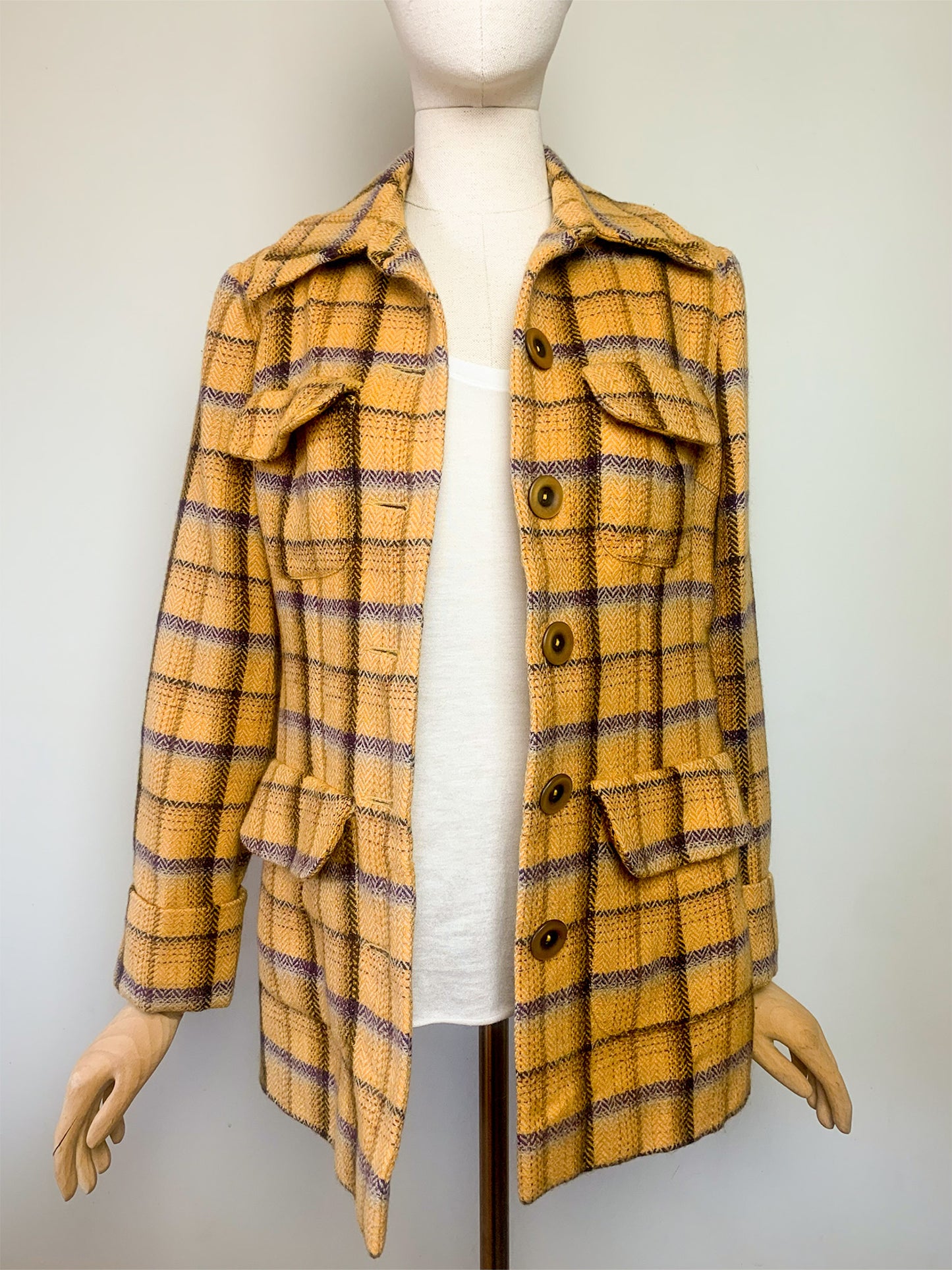 Veste-Manteau Tara Jarmon Alpine Vintage - 100% Laine Carreaux Moutarde & Violet - Fabriqué en France - T. 38