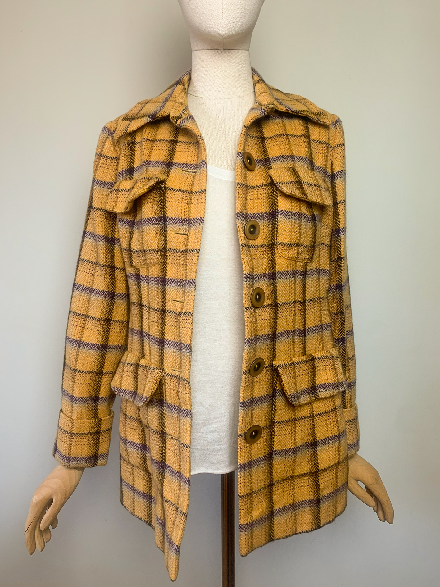 Manteau moutarde gros carreaux violet beige 100% laine Tara Jarmon