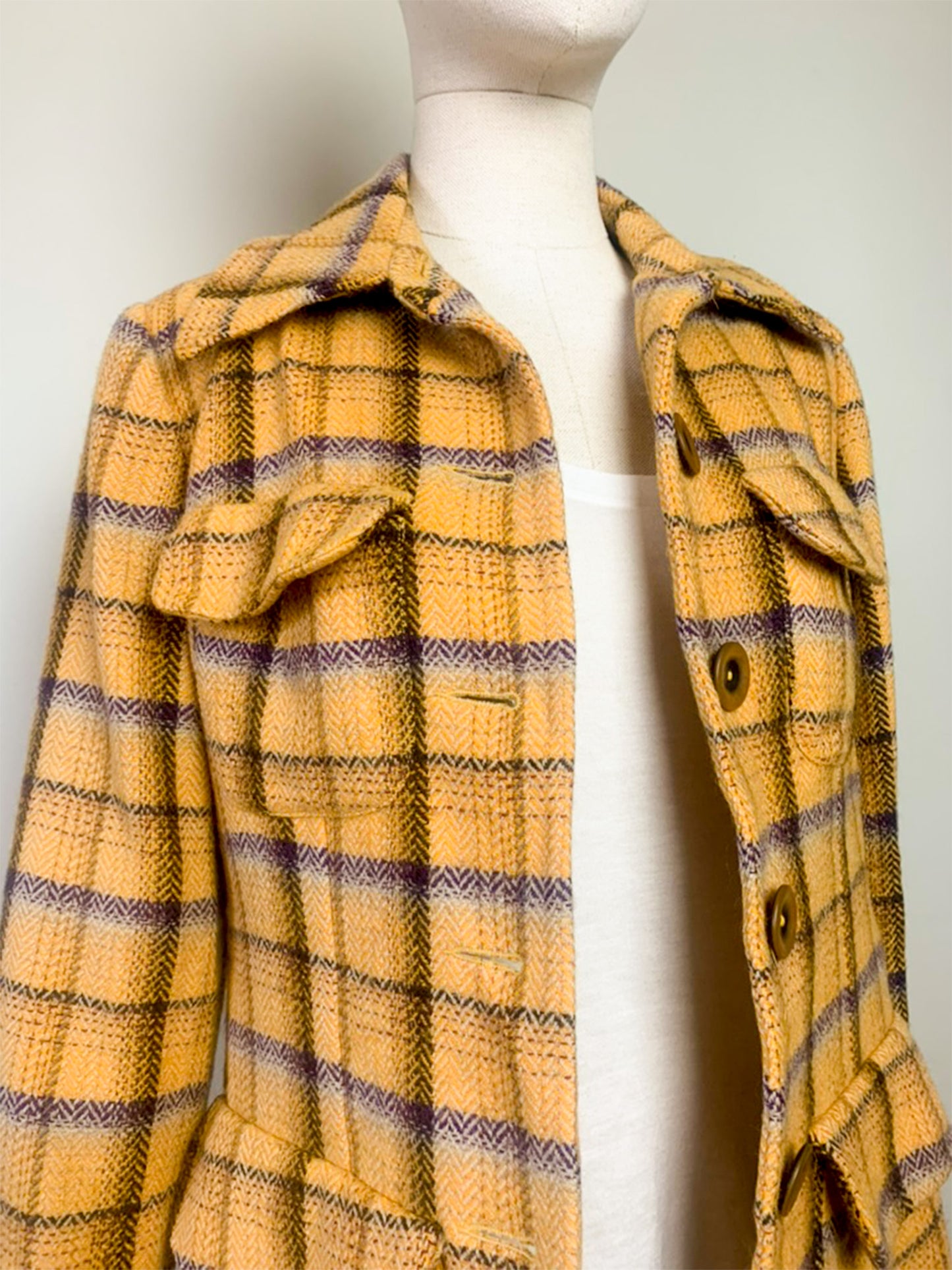 Veste-Manteau Tara Jarmon Alpine Vintage - 100% Laine Carreaux Moutarde & Violet - Fabriqué en France - T. 38
