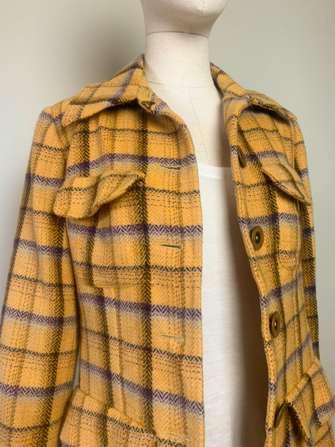Manteau moutarde gros carreaux violet beige 100% laine Tara Jarmon