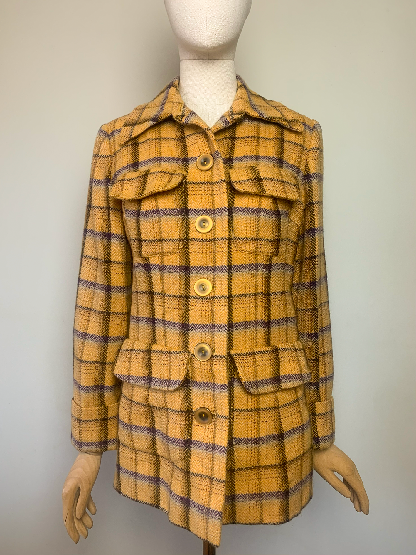 Manteau moutarde gros carreaux violet beige 100% laine Tara Jarmon