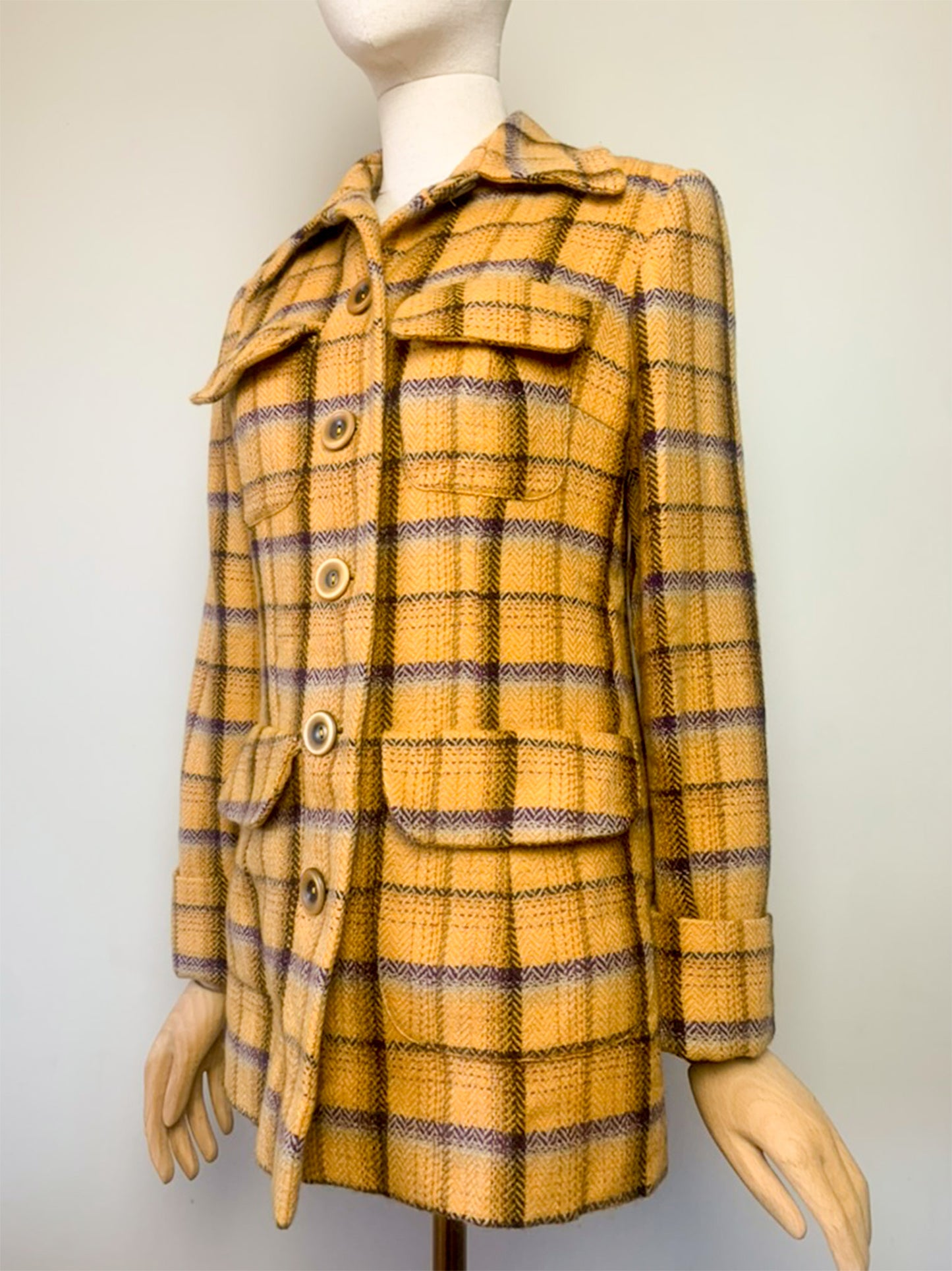 Veste-Manteau Tara Jarmon Alpine Vintage - 100% Laine Carreaux Moutarde & Violet - Fabriqué en France - T. 38