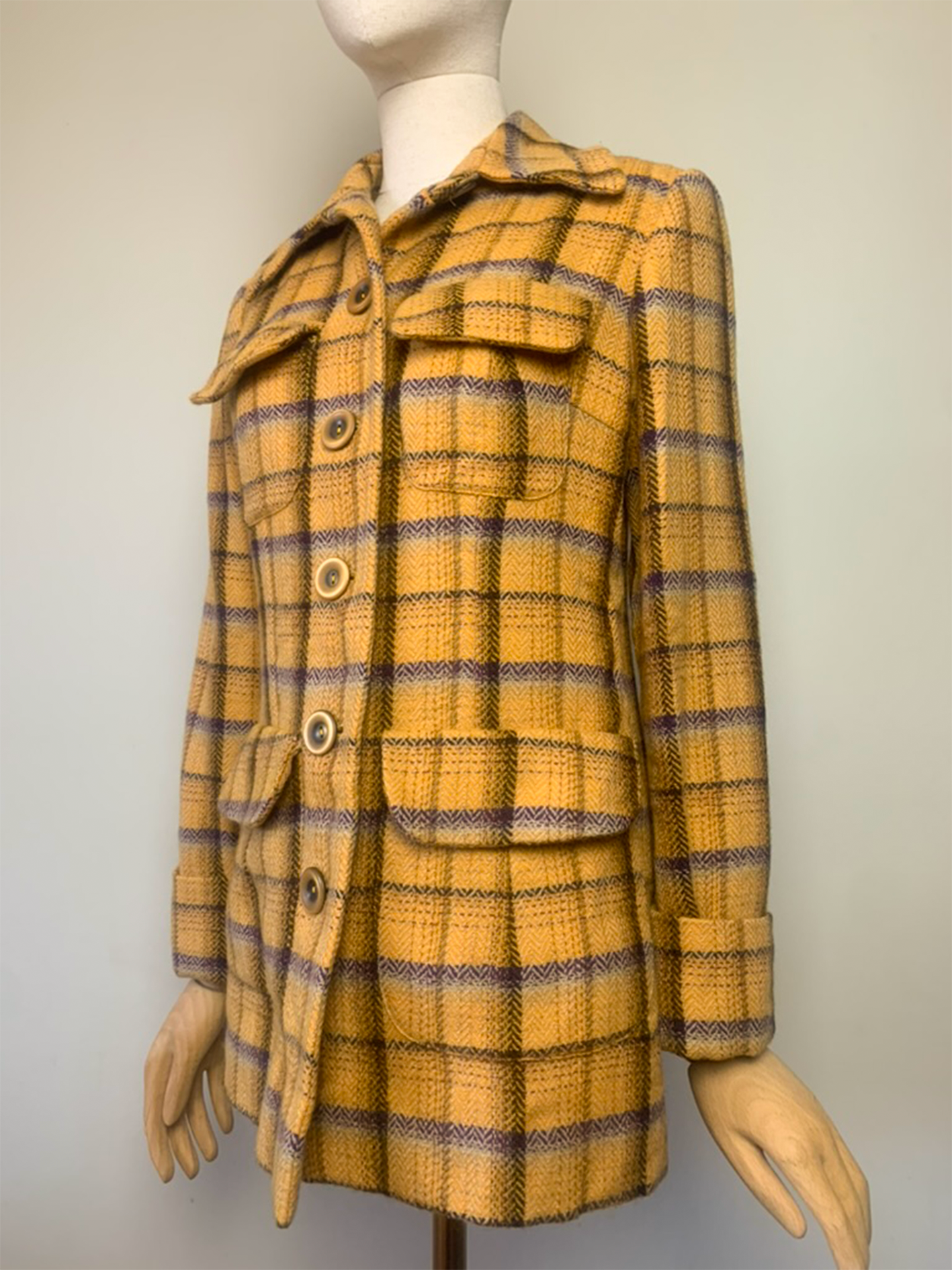 Manteau moutarde gros carreaux violet beige 100% laine Tara Jarmon