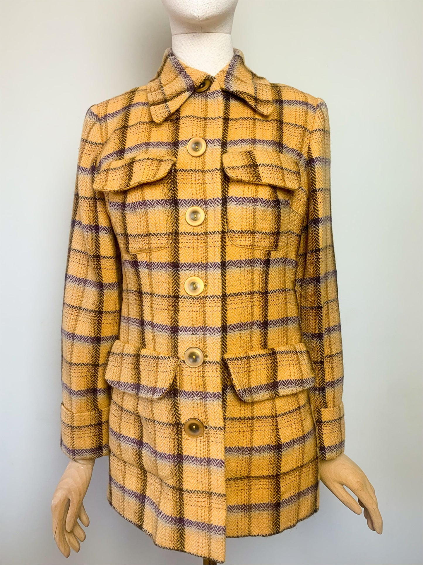 Veste-Manteau Tara Jarmon Alpine Vintage - 100% Laine Carreaux Moutarde & Violet - Fabriqué en France - T. 38