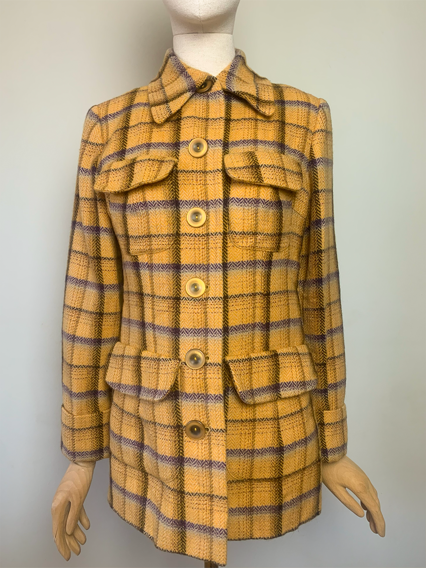 Manteau moutarde gros carreaux violet beige 100% laine Tara Jarmon
