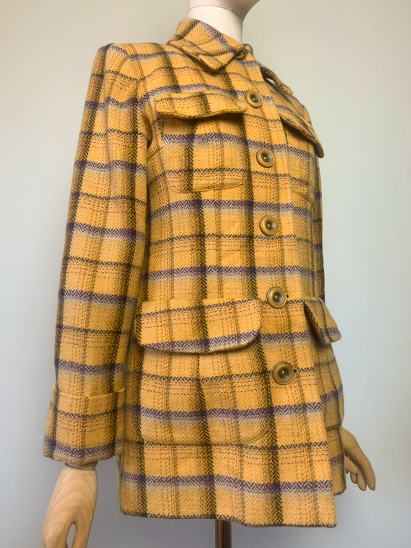 Manteau moutarde gros carreaux violet beige 100% laine Tara Jarmon