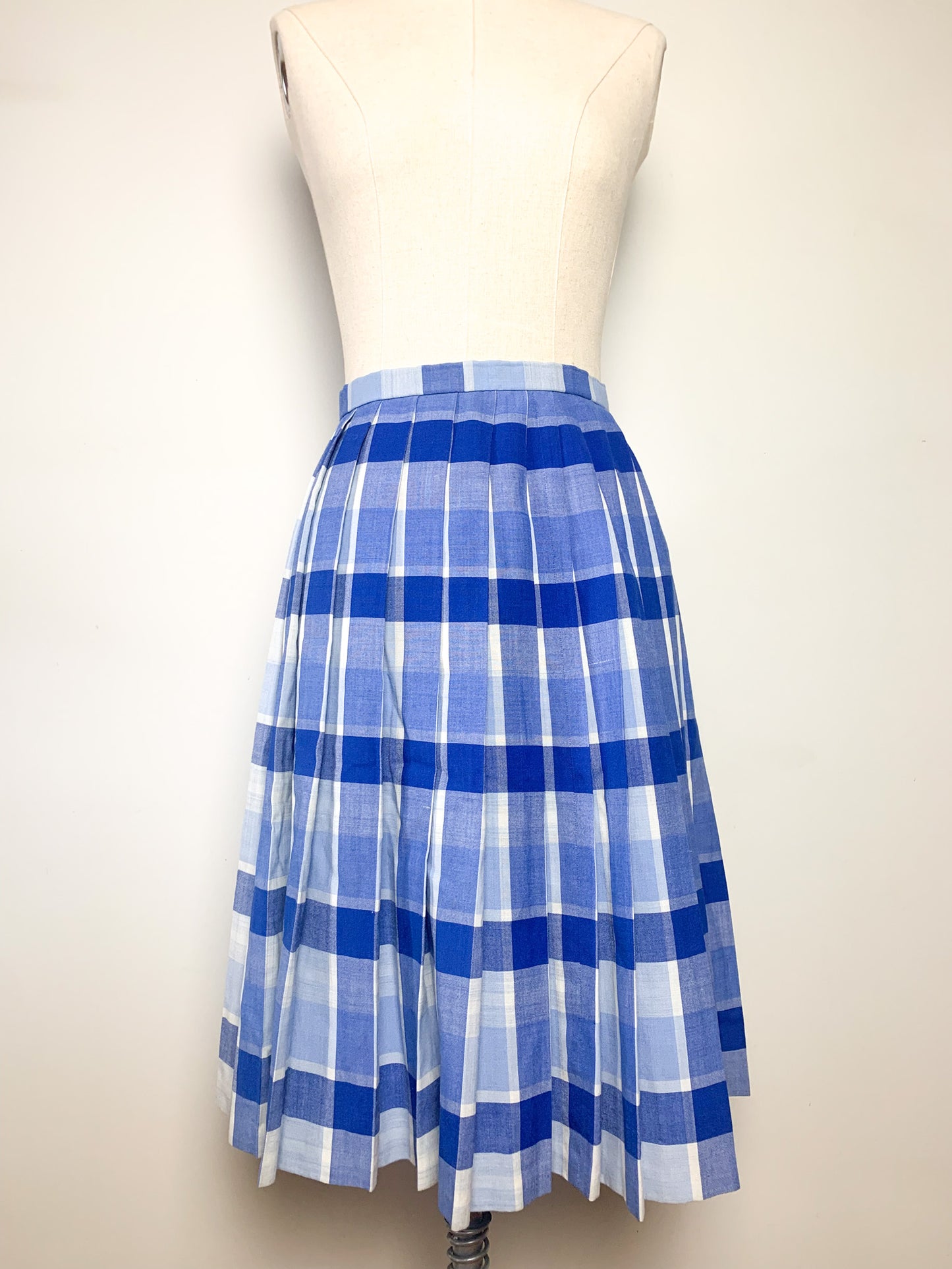 Jupe Plissée Vintage Légère à Carreaux Bleus & Blancs - Longueur Genoux - Années 70/80 - T. 34 FR (XS)