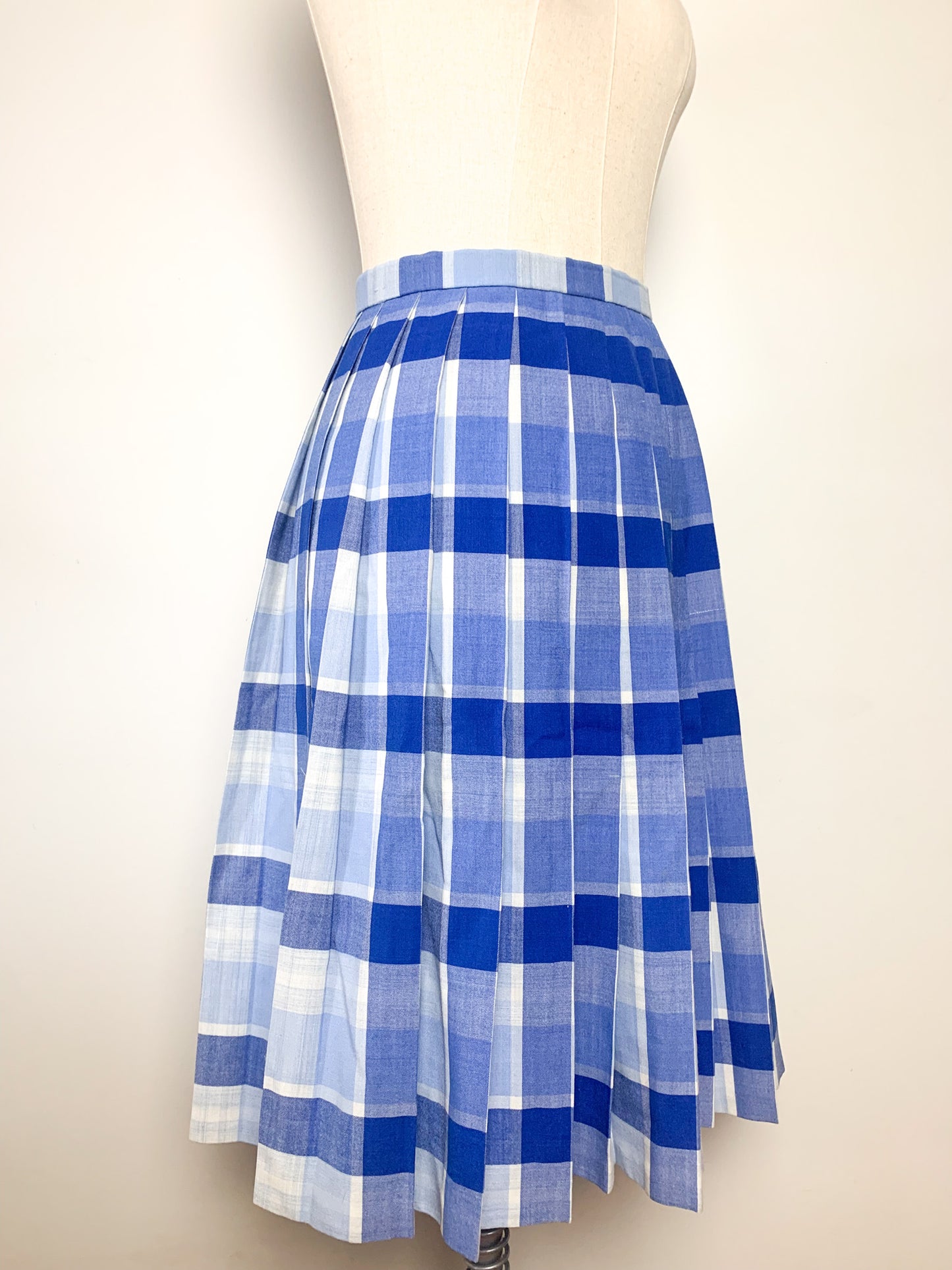 Jupe Plissée Vintage Légère à Carreaux Bleus & Blancs - Longueur Genoux - Années 70/80 - T. 34 FR (XS)